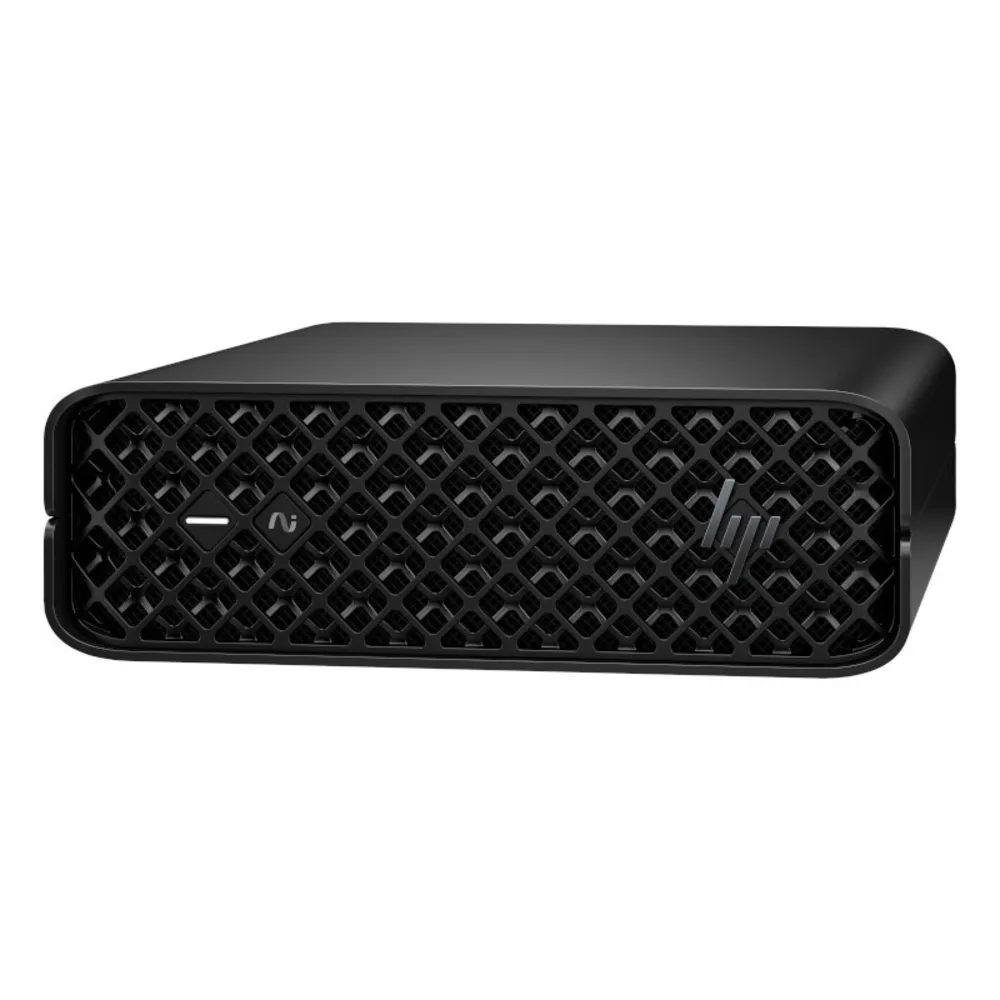 Un mini PC HP nero con frontale a griglia e logo.