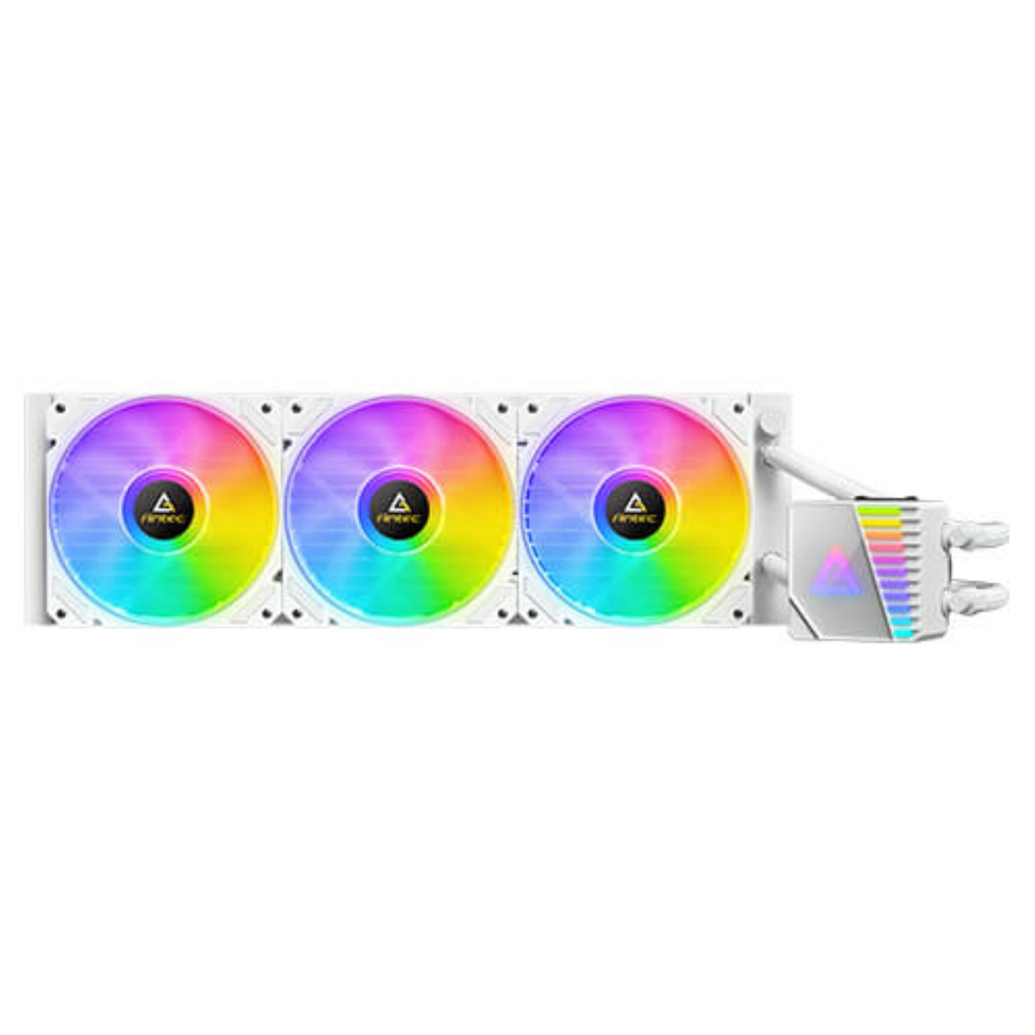 Ein weißer CPU-Kühler mit drei RGB-Lüftern und einem Pumpengehäuse.