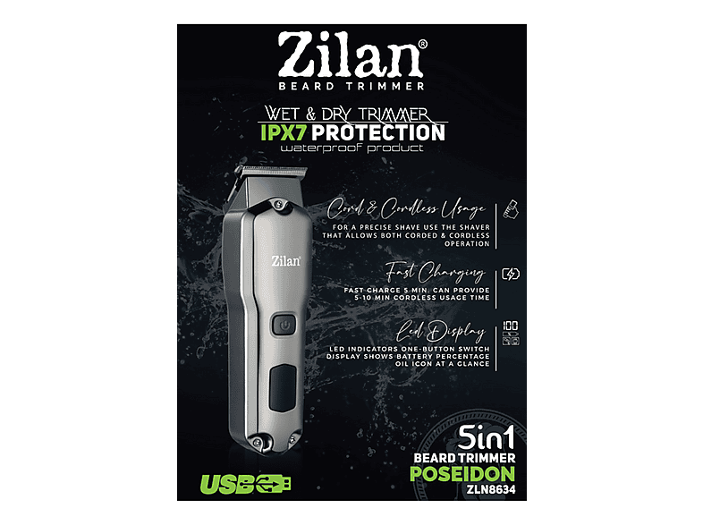ZILAN ZLN8634 Poseidon Pro IPX7 Su Geçirmez Hızlı Şarjlı 180 Dakika Kablosuz Saç Kesme Makinesi Gri