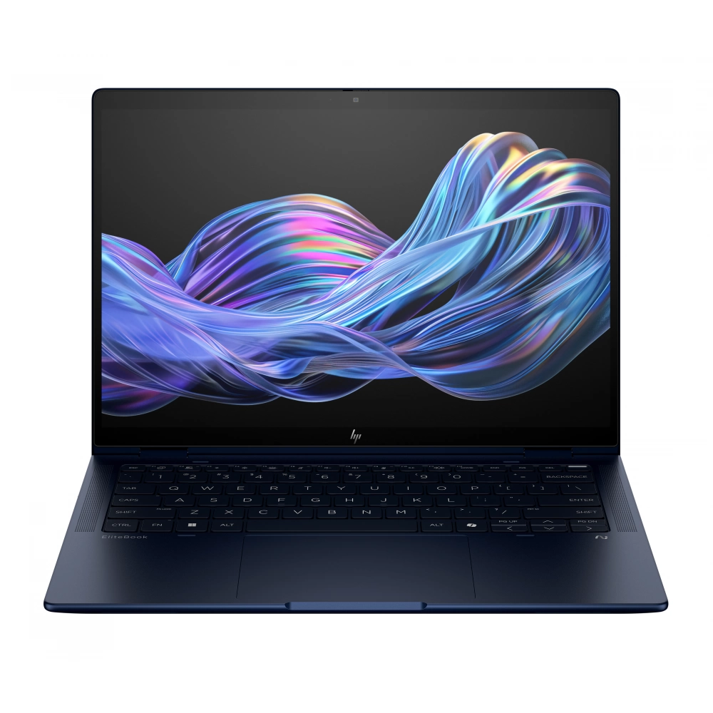 Ekranında soyut, renkli bir arka plana sahip mavi bir HP EliteBook dizüstü bilgisayar.