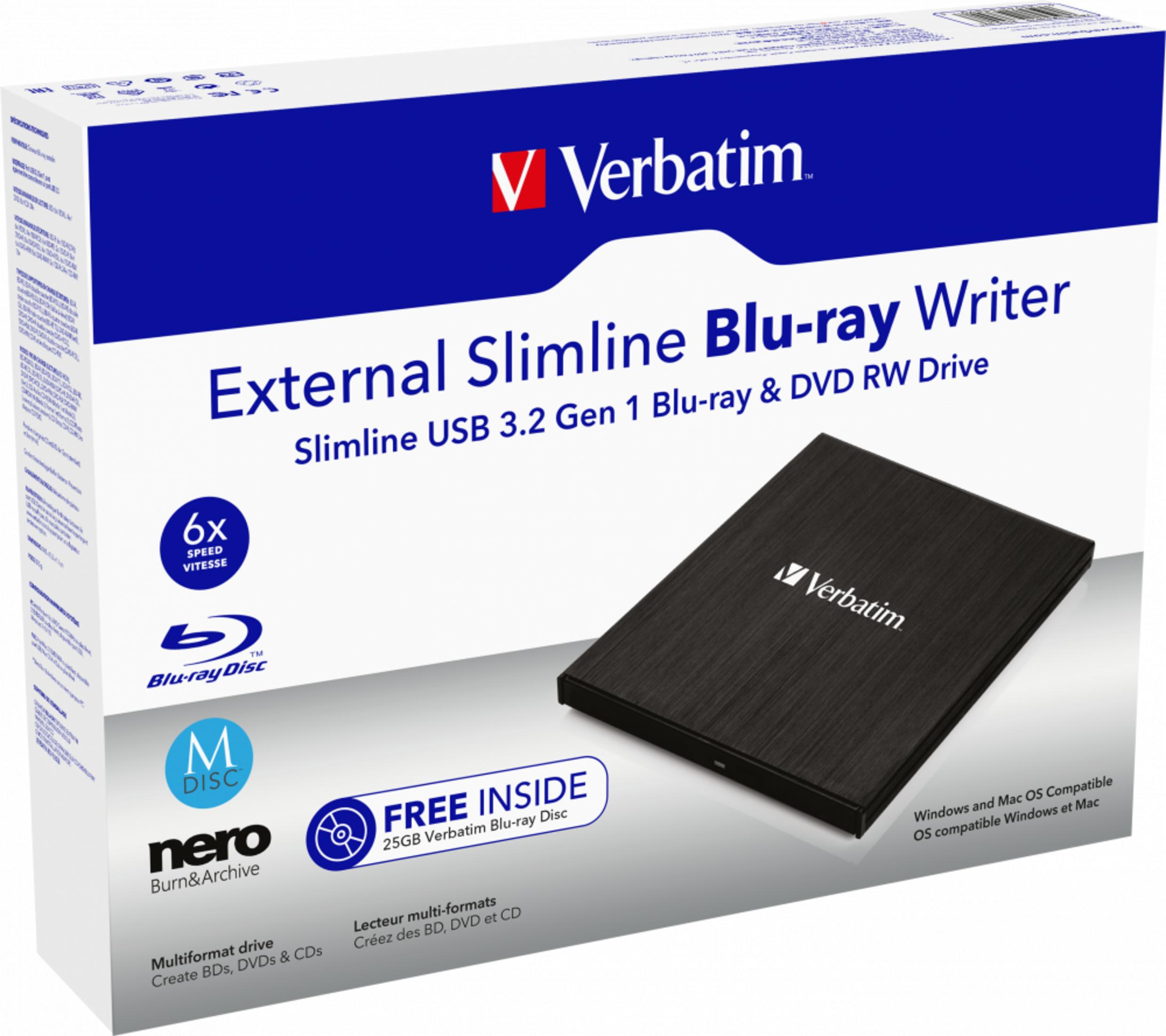 Zewnętrzna nagrywarka Blu-ray Verbatim Slimline z portem USB 3.2 Gen 1.