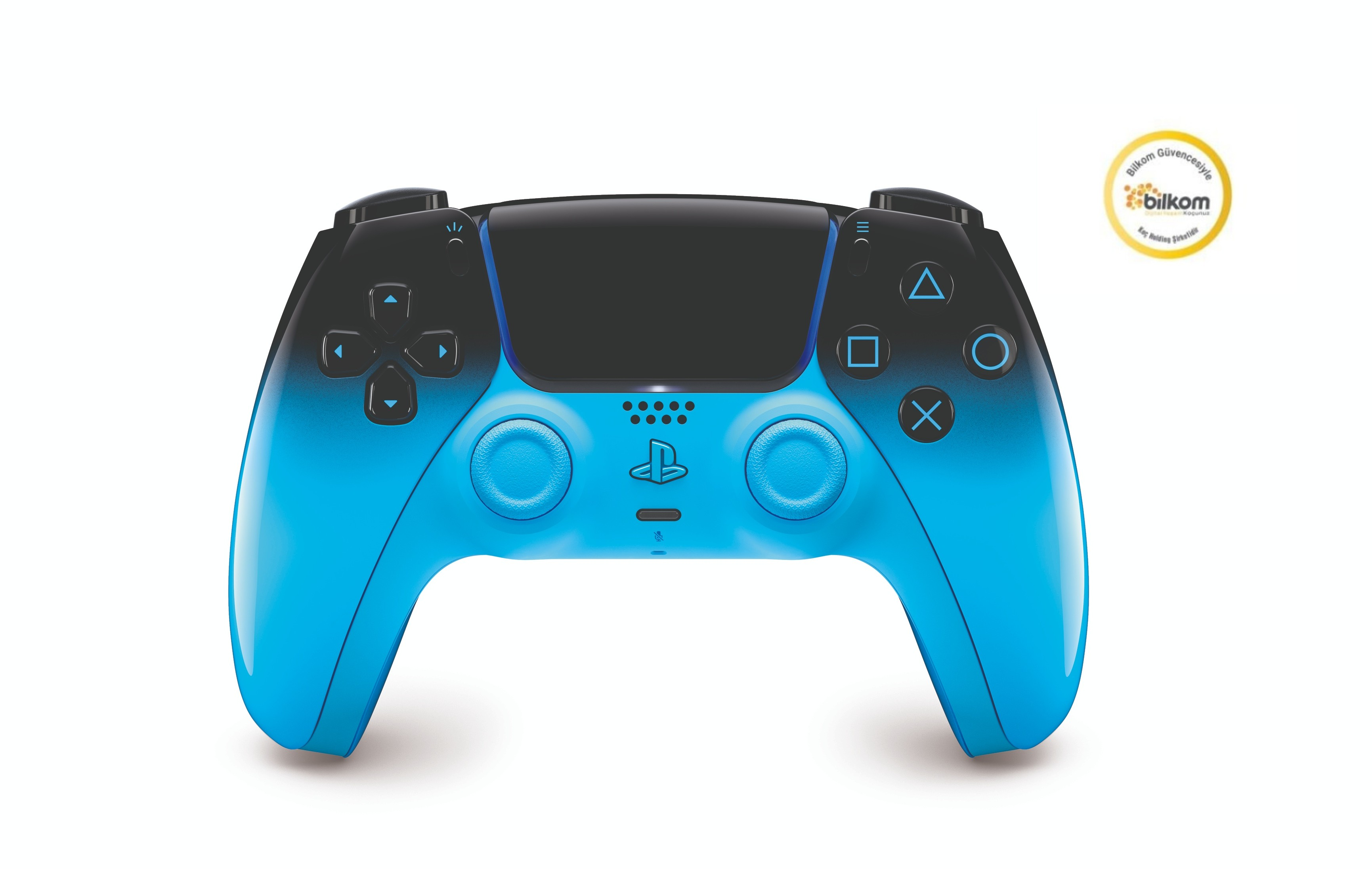 Un controller blu e nero con simboli e pulsanti.