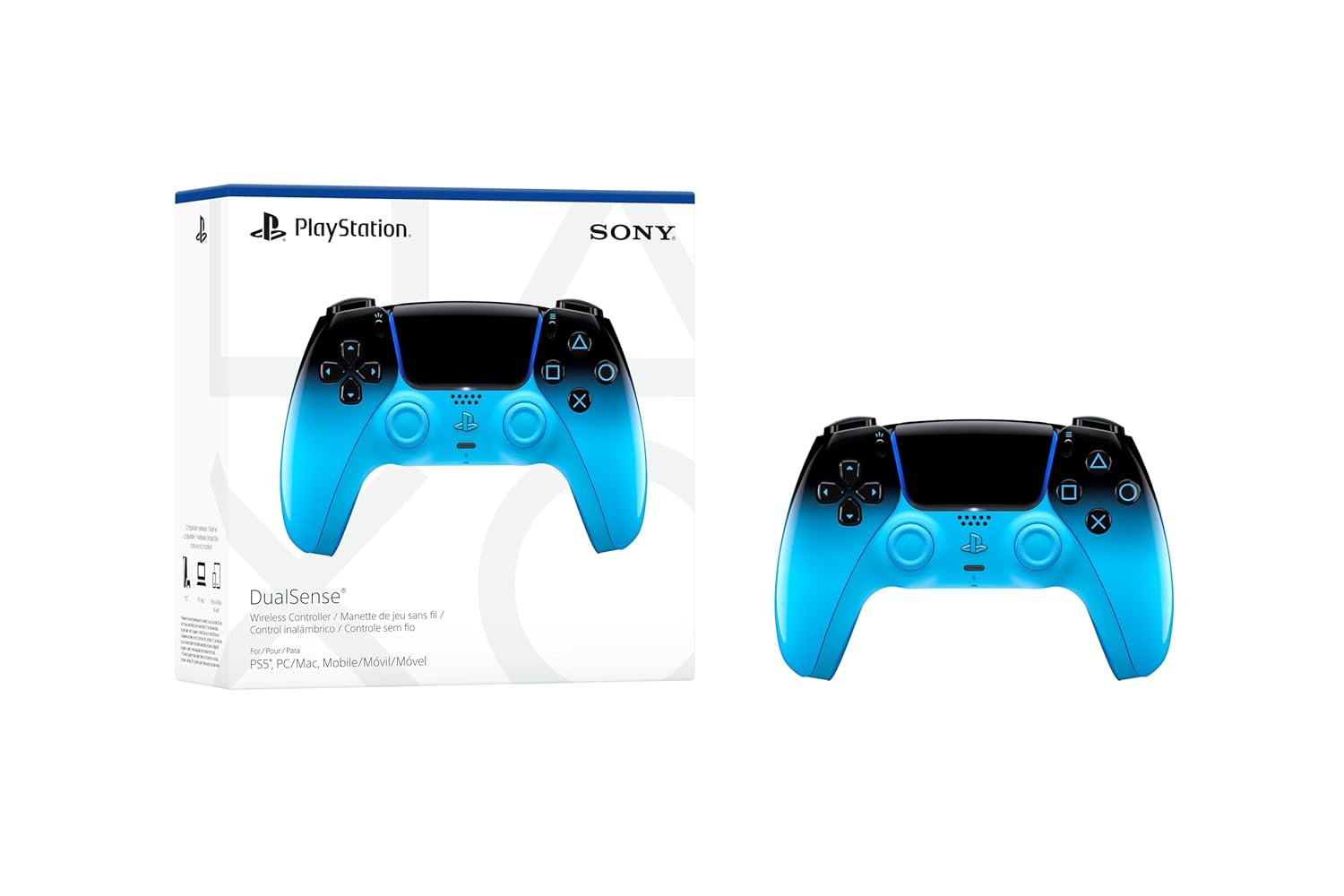 Controller PlayStation DualSense in gradiente blu-nero, accanto alla sua scatola.