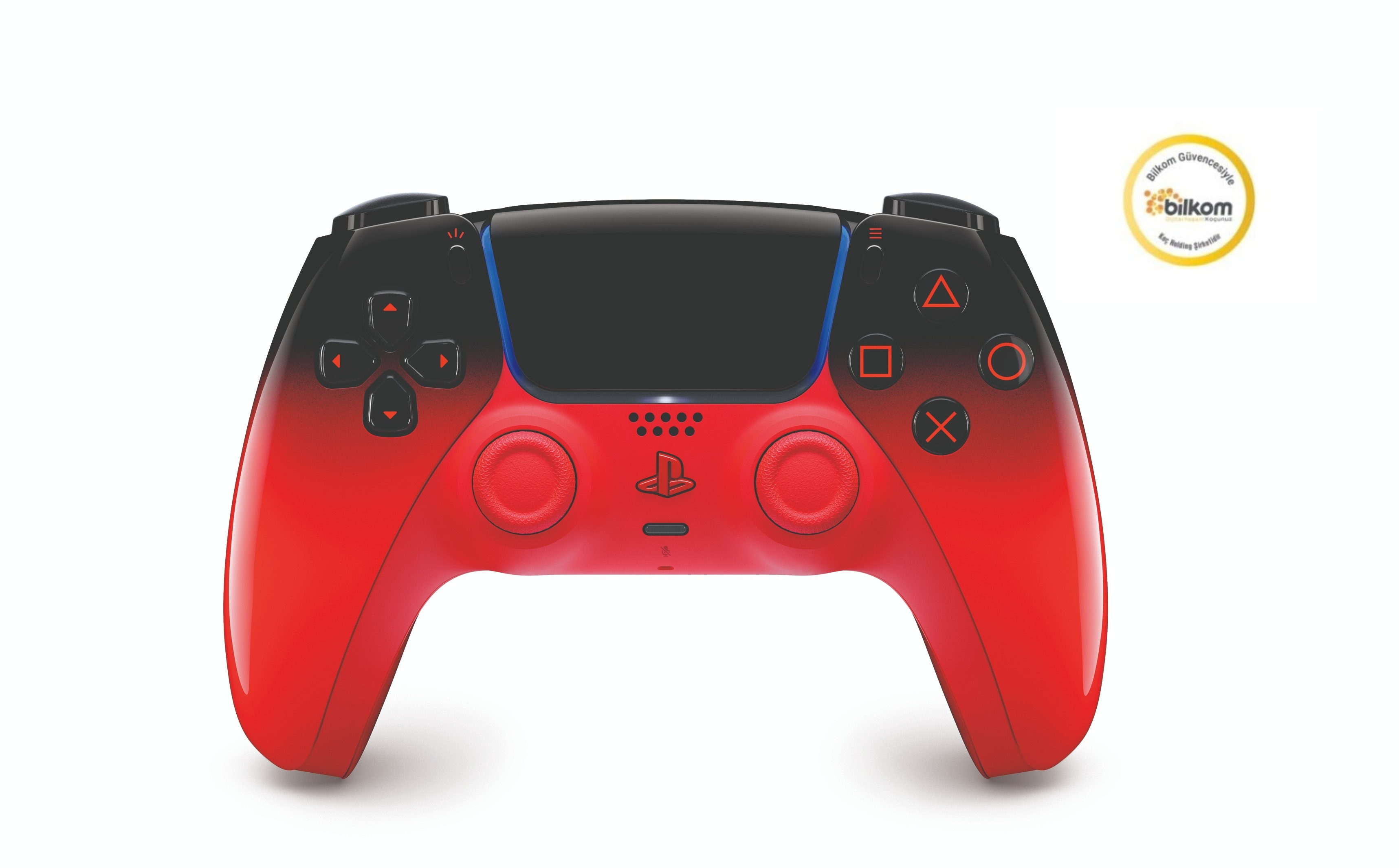 Controller di gioco rosso e nero con simboli e loghi. Sigillo giallo in alto a destra.