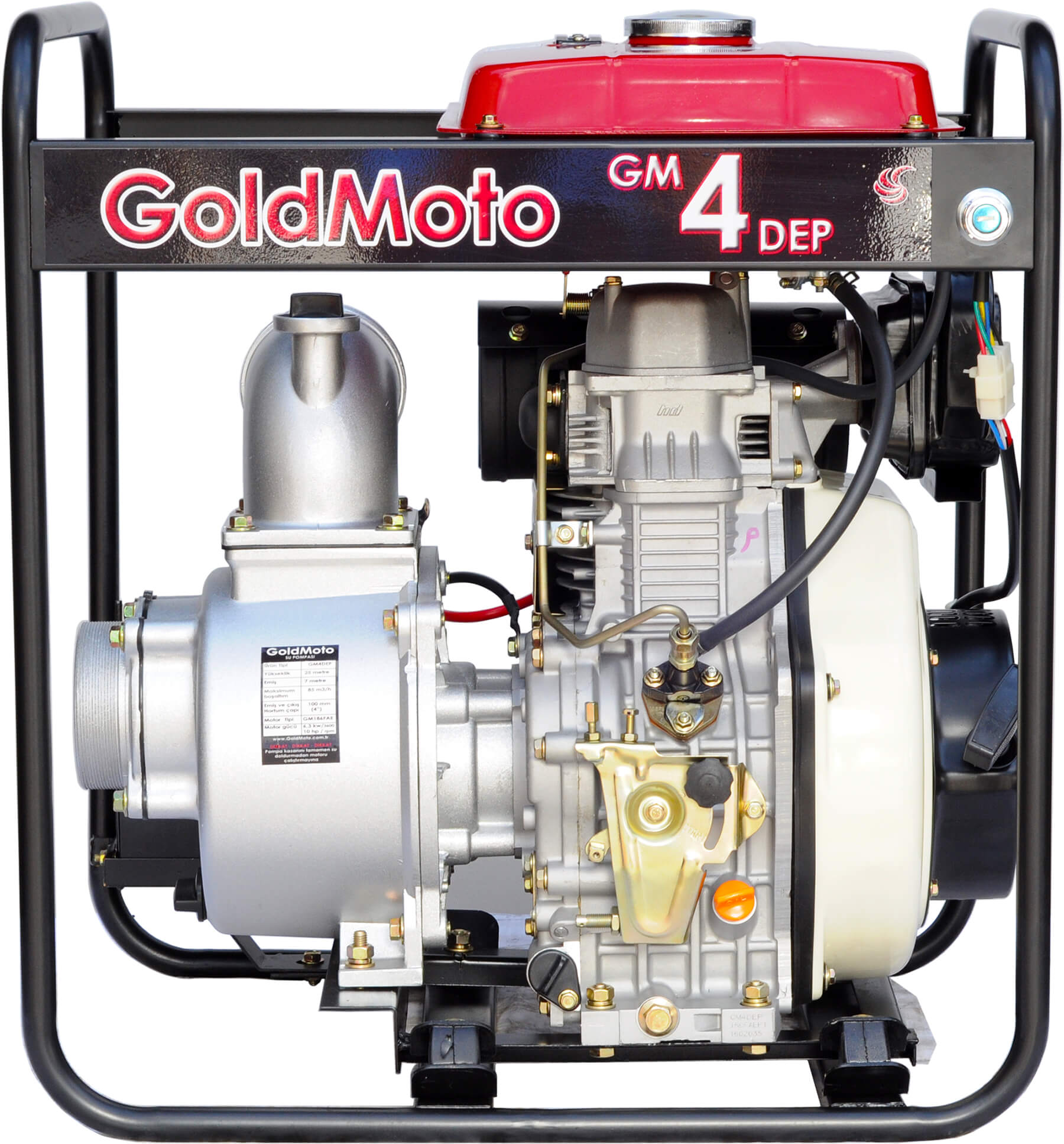 Kırmızı depolu gümüş motor ve siyah çerçeve. Üzerinde 'GoldMoto' yazısı var.