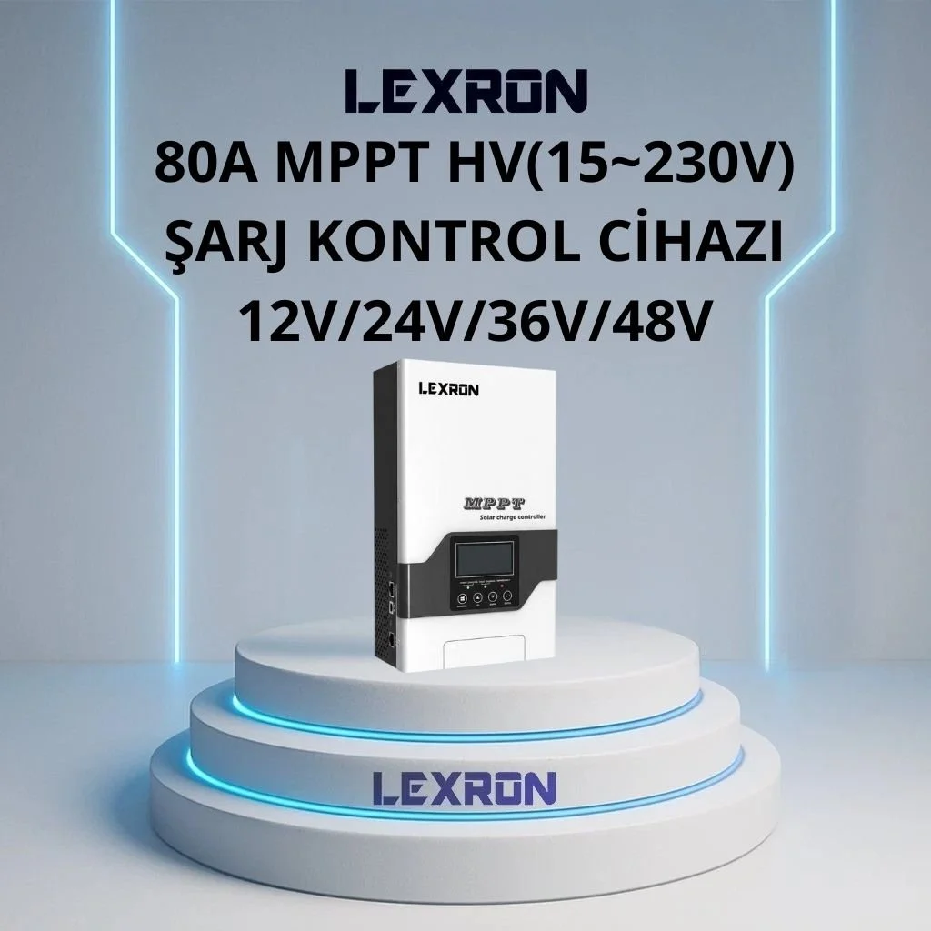 Yuvarlak bir sahnede, ekranı ve düğmeleri olan beyaz bir Lexron MPPT solar şarj kontrol cihazı.
