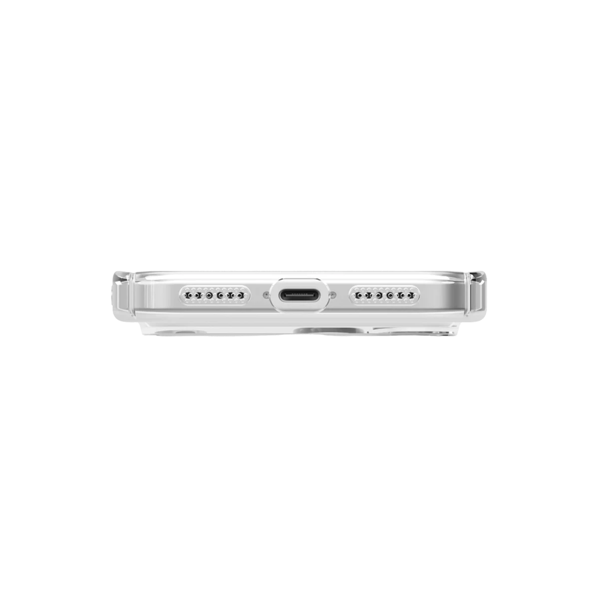 USB-C bağlantı noktası ve hoparlör delikleri olan şeffaf kılıf.