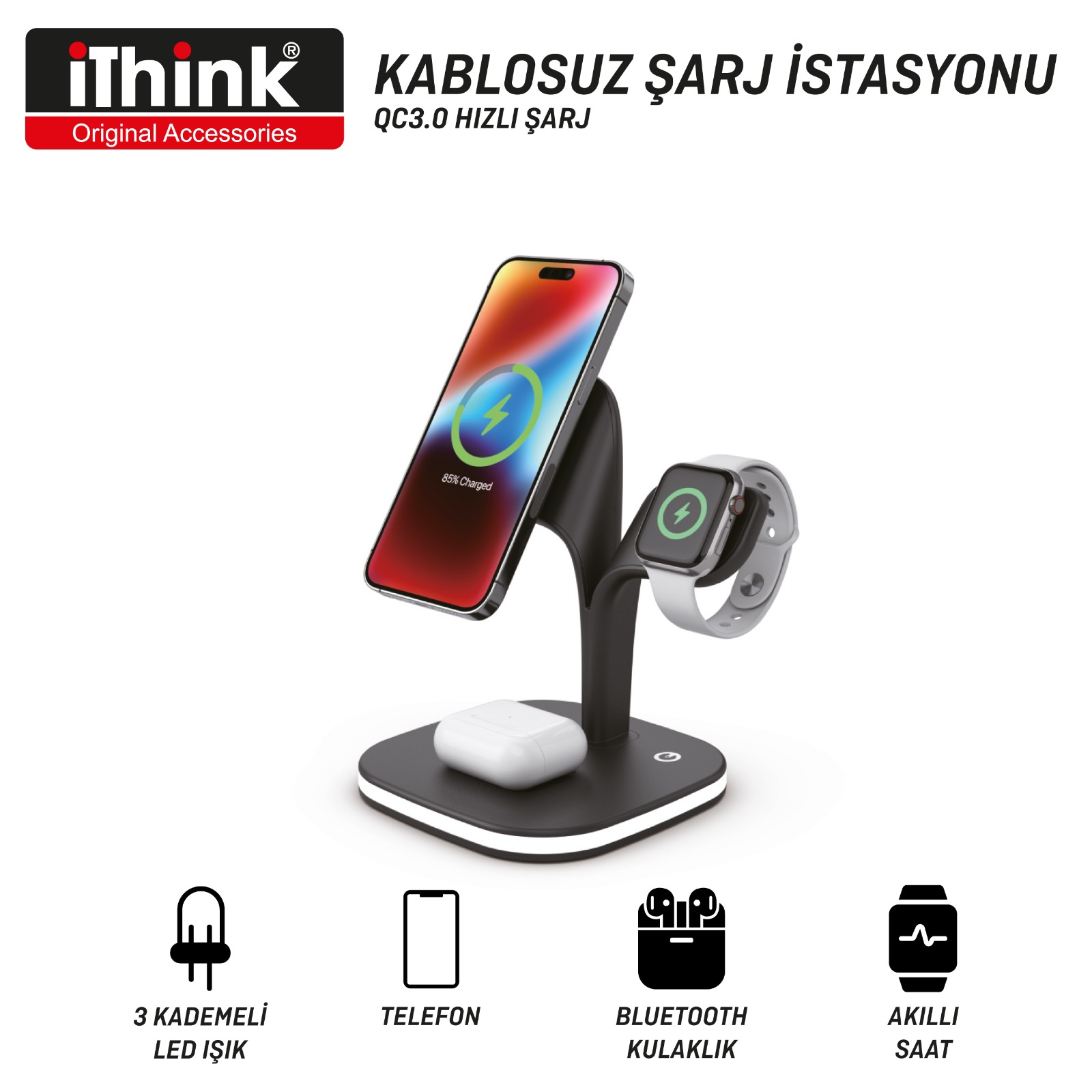 iPhone, Apple Watch ve AirPods ile kablosuz şarj istasyonu.
