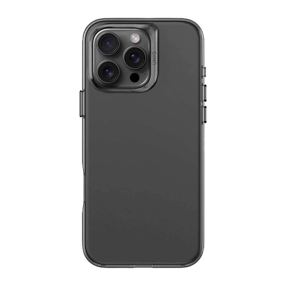 Üç kamera lensli ve UNIQ logolu koyu gri telefon kılıfı.