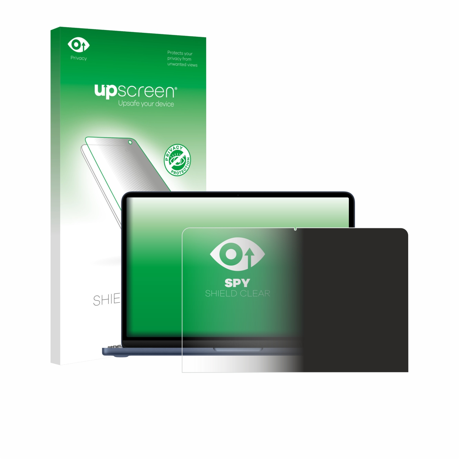 Verpackung des Upscreen-Sichtschutzfilters neben einem Laptop mit angebrachtem Displayschutz.