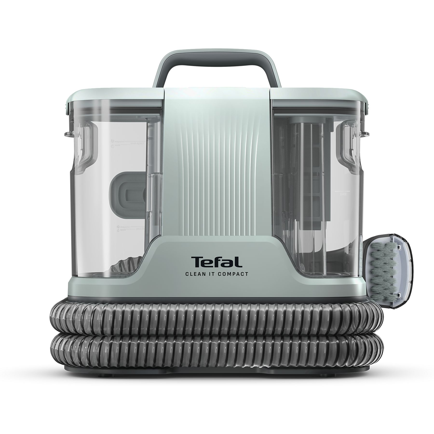 Un aspirapolvere Tefal verde menta con serbatoi trasparenti e tubo.
