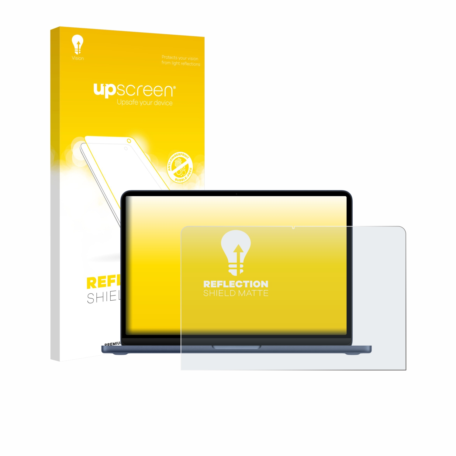 Laptop mit Schutzfolie und Verpackung. Gelbe Verpackung mit "upscreen" Logo.
