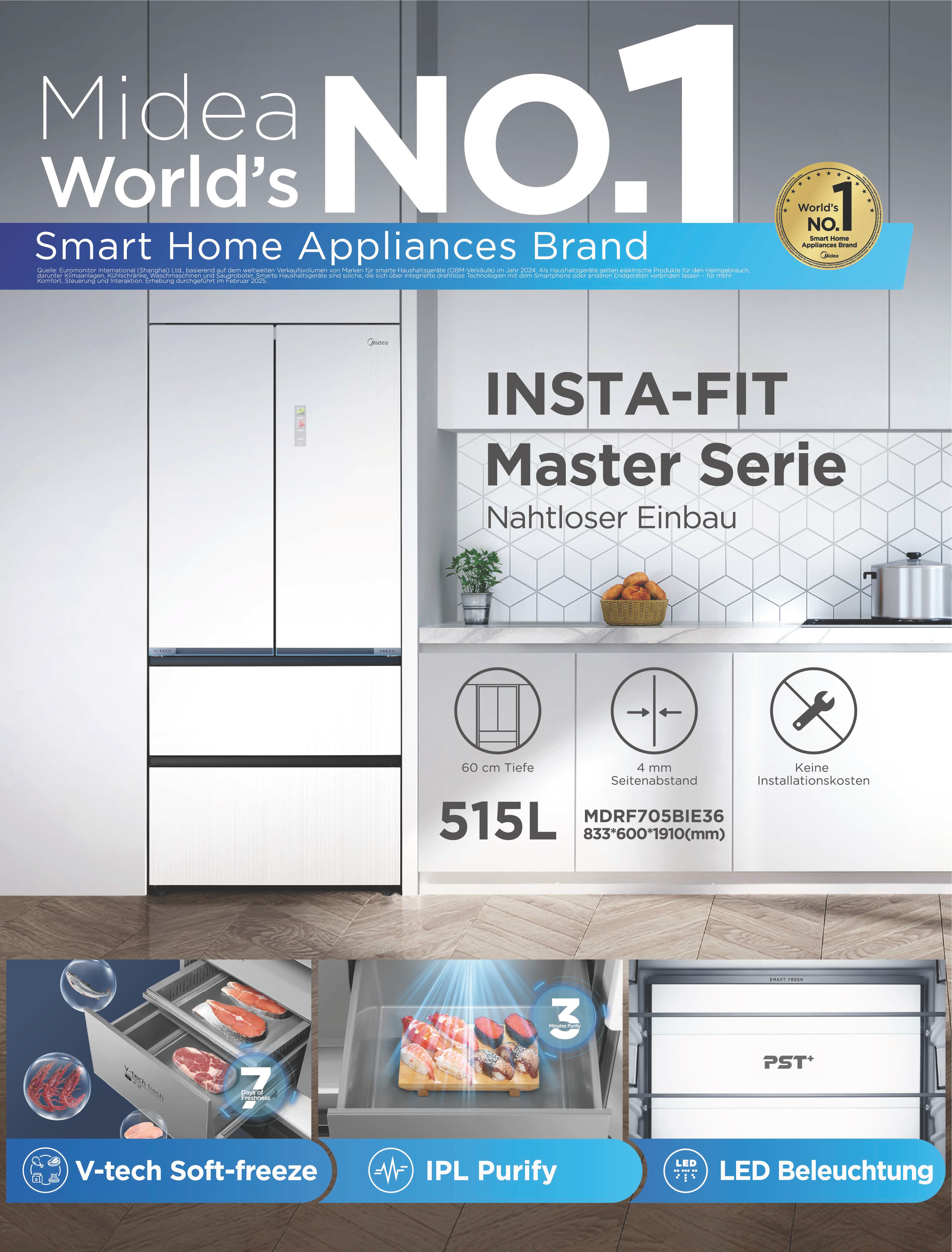 Midea Kühlschrank wirbt mit "World's NO.1" Titel, Insta-Fit Master Serie, 515L.