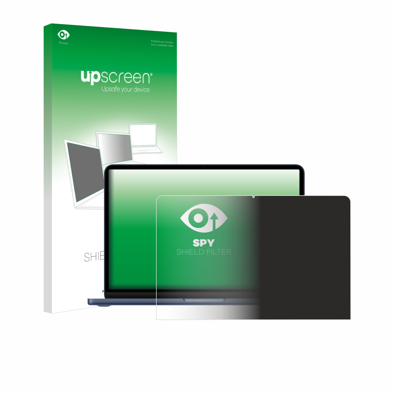 Verpackung und Sichtschutzfilter für Laptops. Grüne Verpackung mit "upscreen".