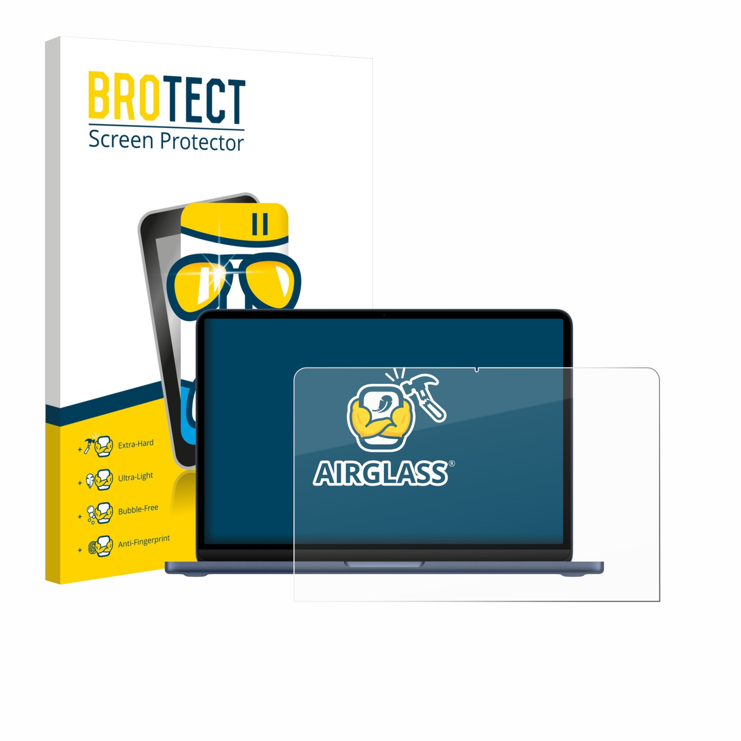 Ein BROTECT Displayschutz für Laptops, mit Logos und Produktmerkmalen.