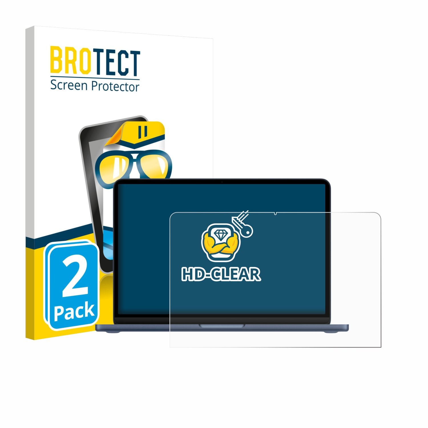 BROTECT Laptopschutzfolie, 2er Pack, mit HD-CLEAR Logo auf dem Bildschirm.