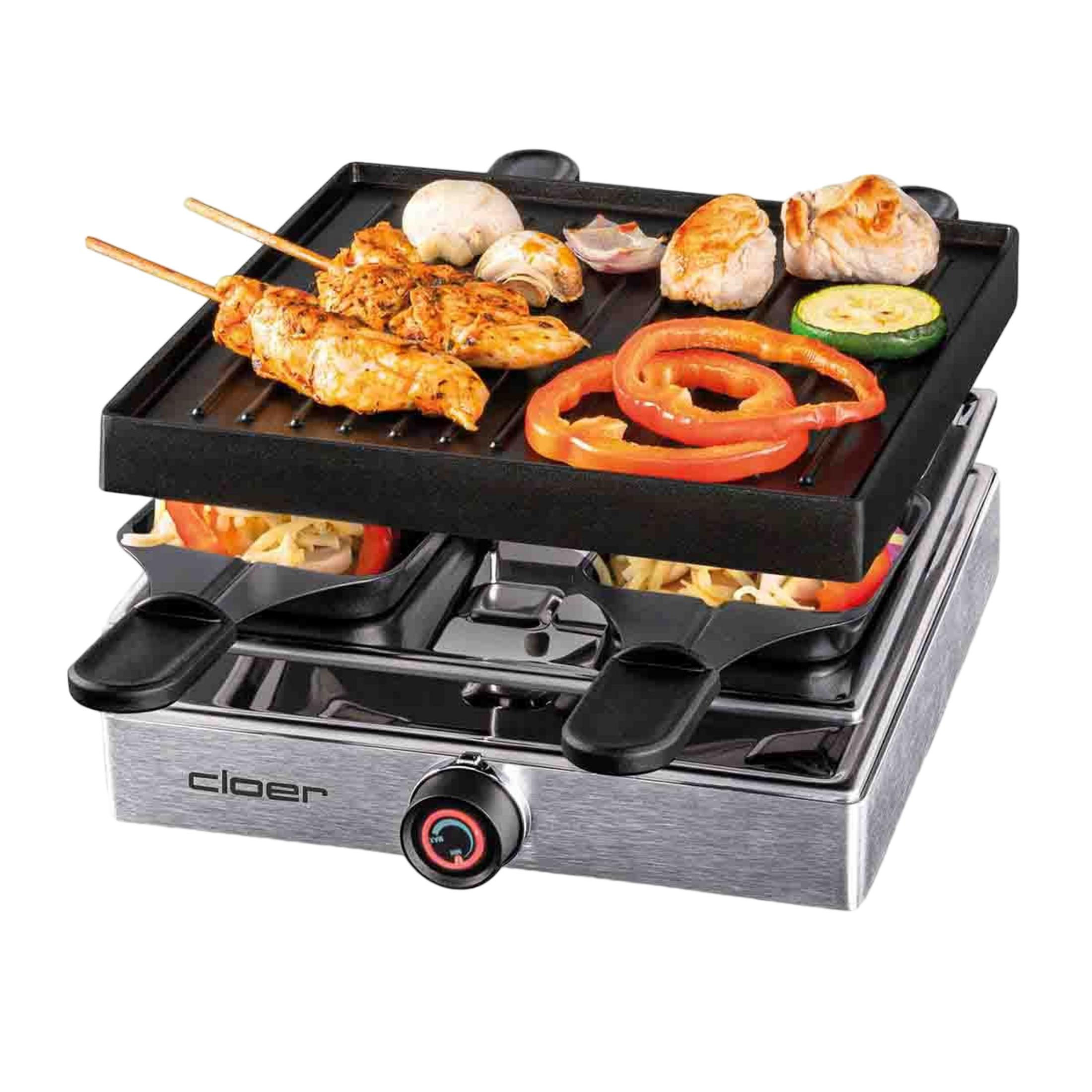 Ein Raclette mit gegrilltem Hähnchen, Pilzen, Zucchini und Paprika.