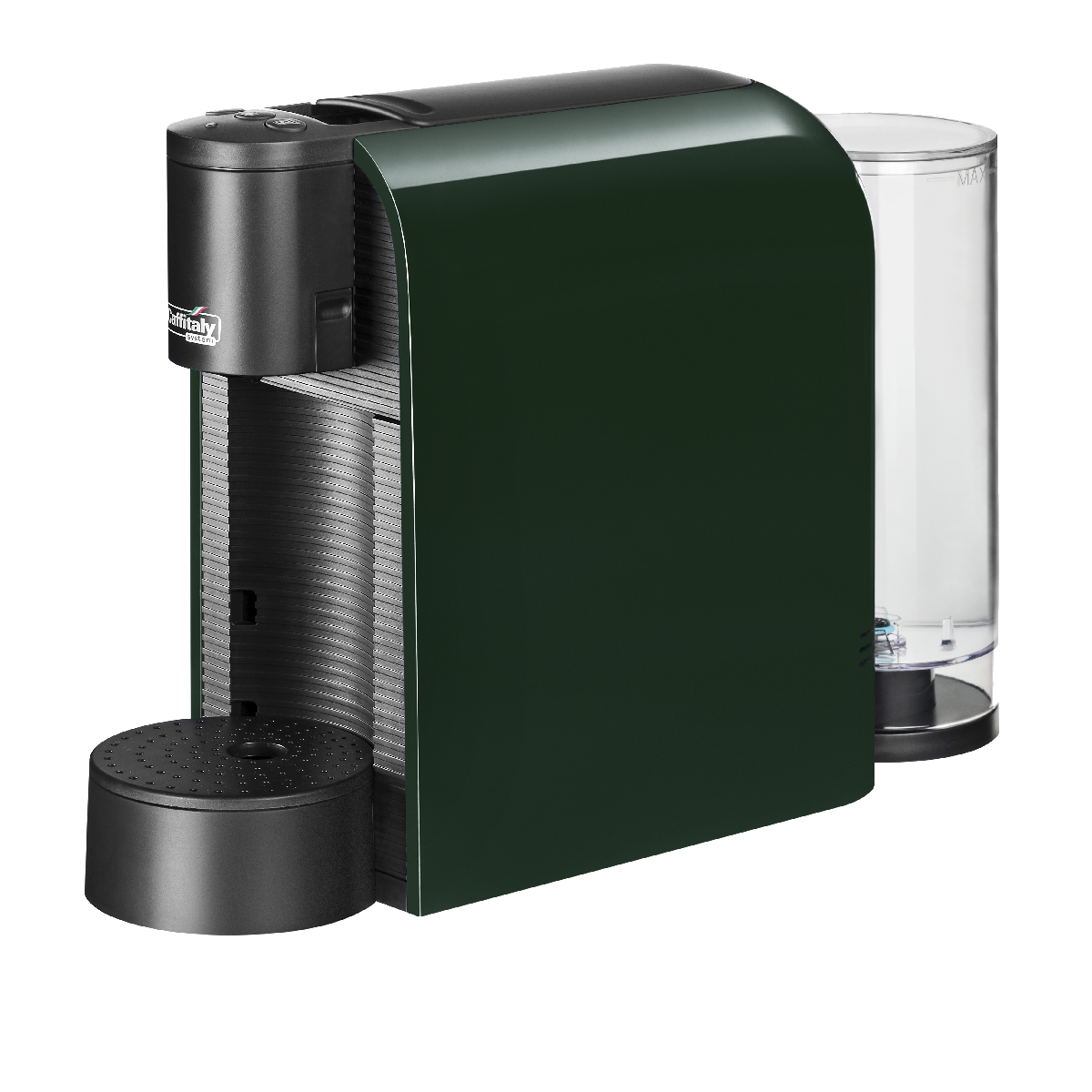 Eine dunkle grüne Kaffeemaschine mit schwarzem Sockel und Wassertank.