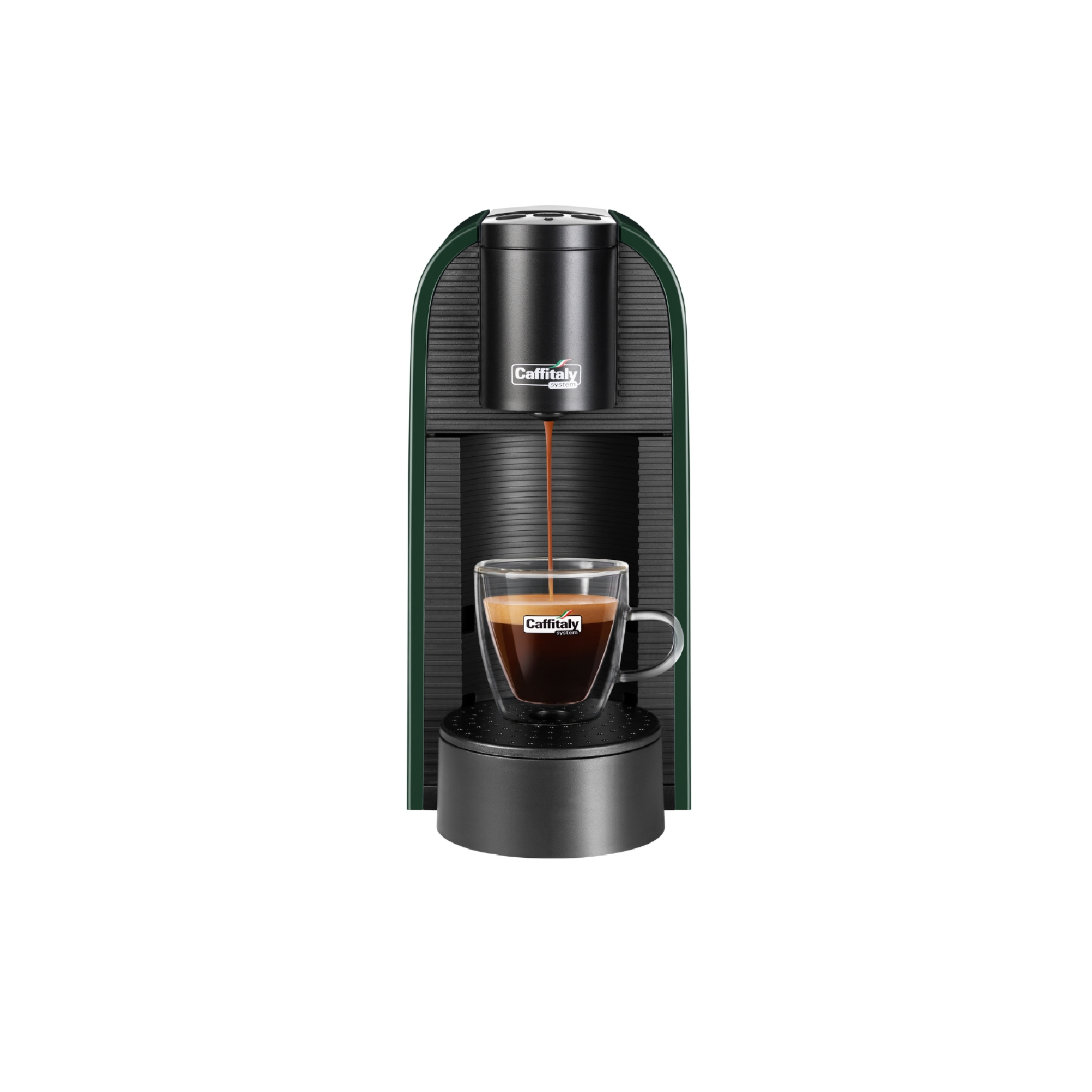 Eine grüne Kaffeemaschine brüht Kaffee in eine durchsichtige Tasse.
