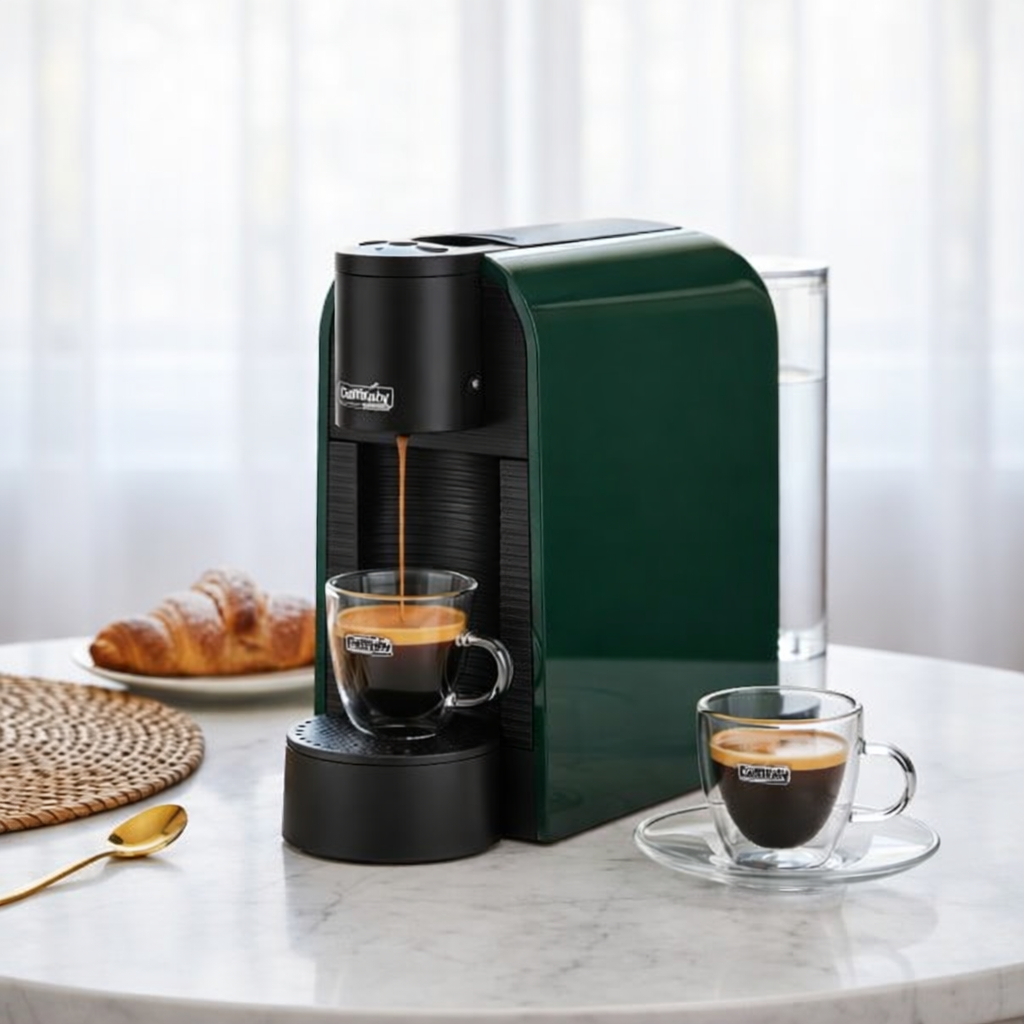 Eine grüne Kaffeemaschine brüht Espresso in eine Tasse. Daneben liegen ein Croissant und ein Löffel.