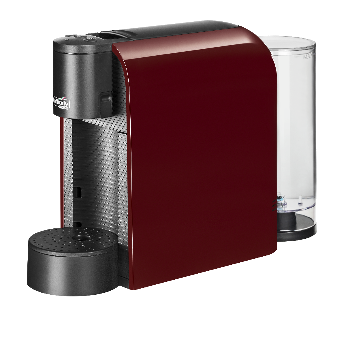 Eine dunkelrote Kaffeekapselmaschine mit schwarzem Oberteil und Wassertank.