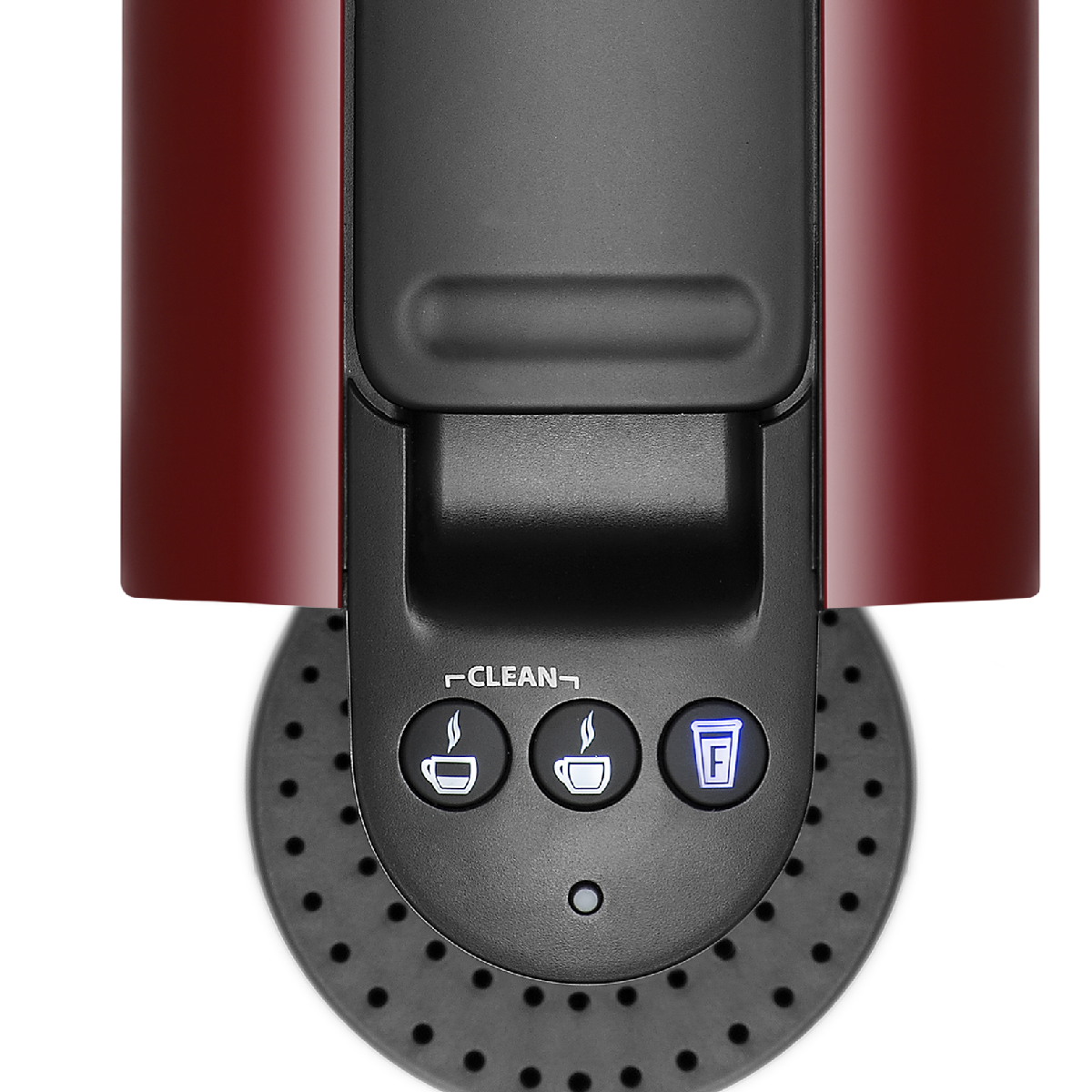 Nahaufnahme einer dunkelroten Kaffeemaschine mit schwarzen Bedienelementen und Symbolen.