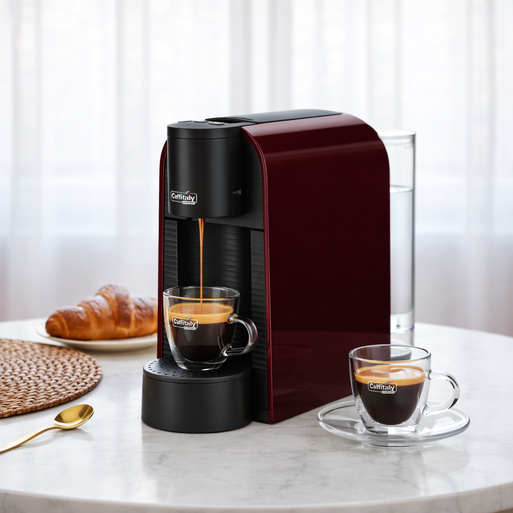 Eine rote Kaffeemaschine brüht Kaffee in eine Tasse. Ein Croissant und ein Glas Wasser.