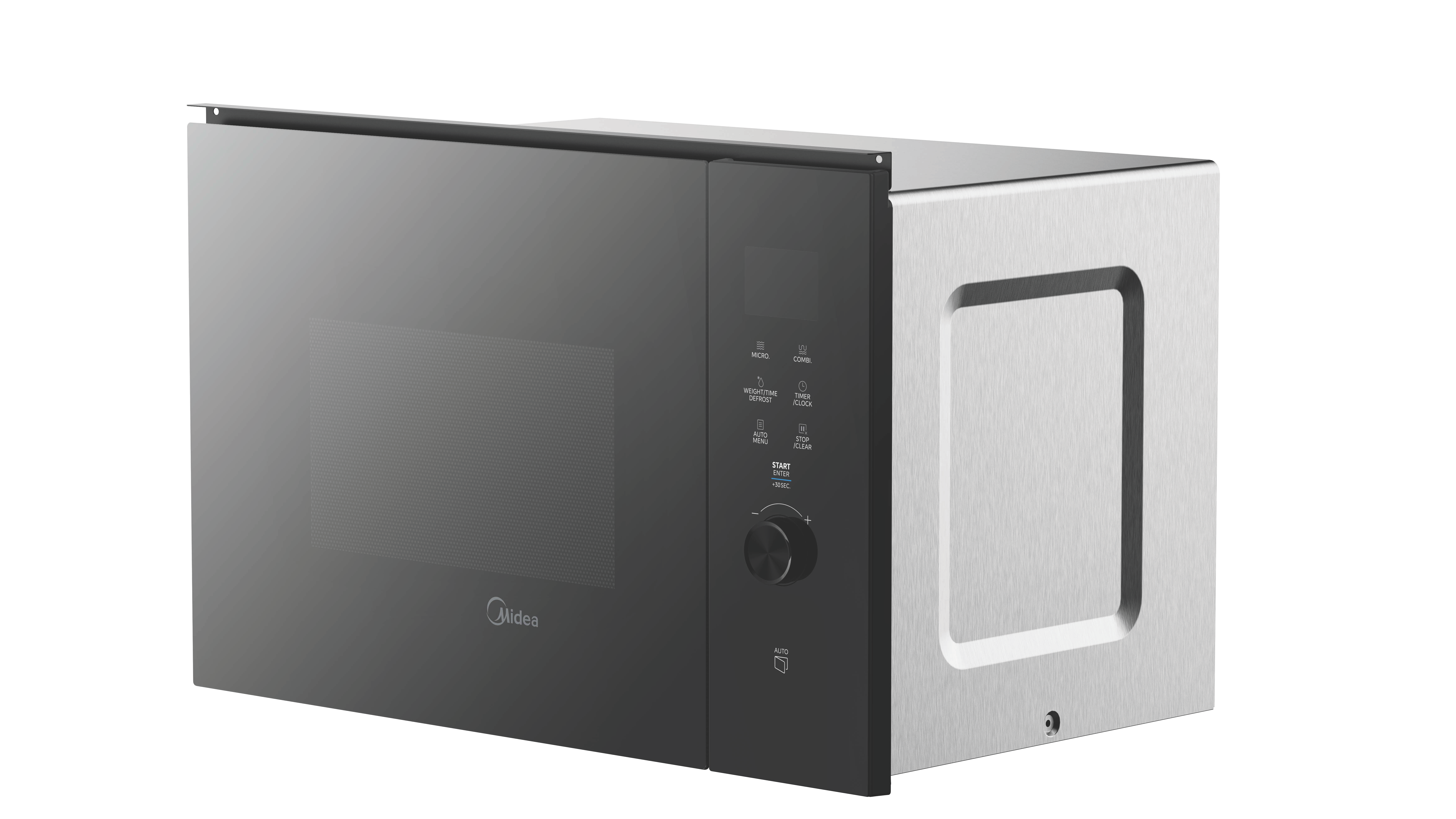 Eine Midea Mikrowelle mit schwarzer Glastür und silbernen gebürsteten Metallseiten.