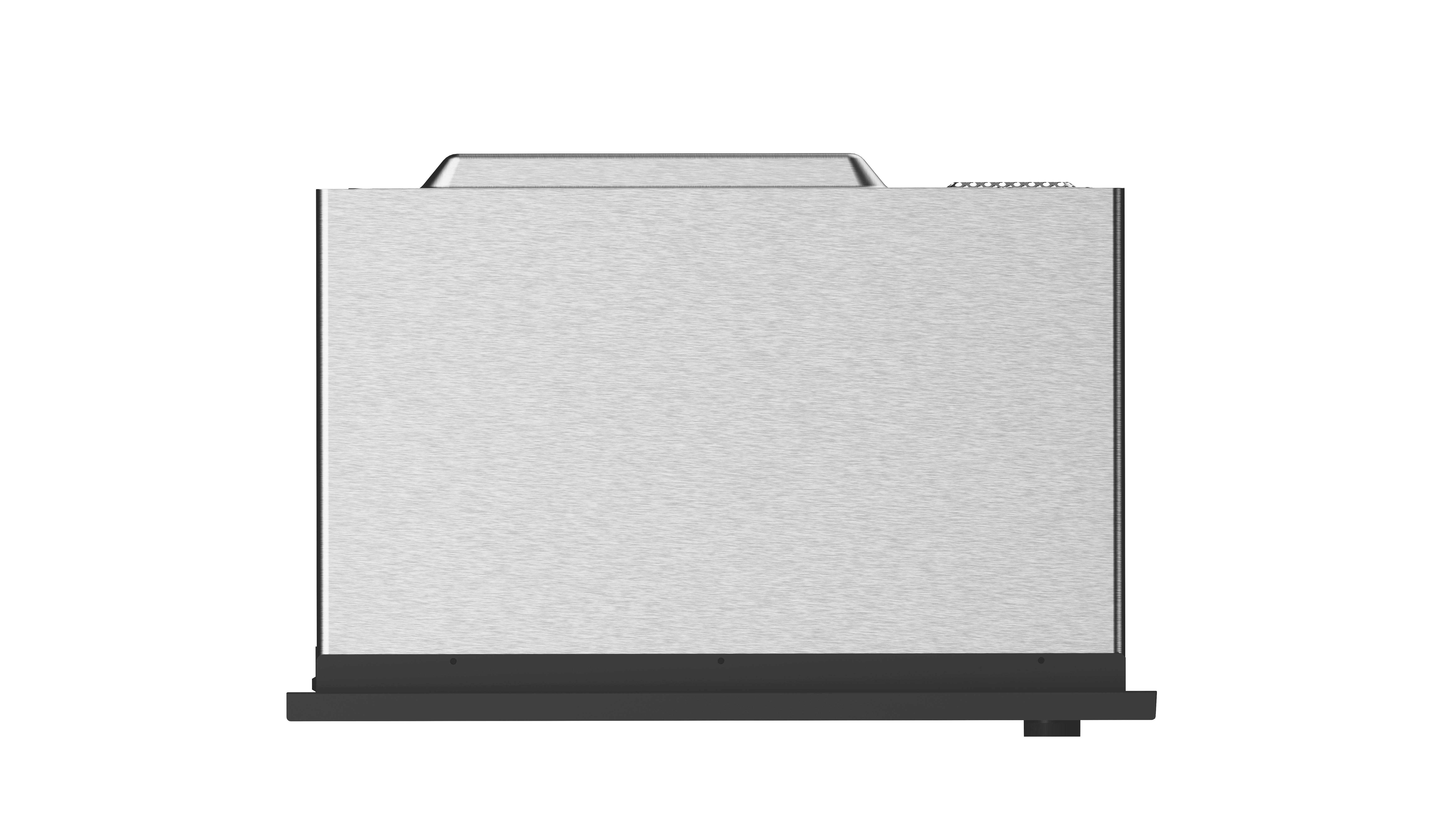 Ein silberner Toaster steht auf einem schwarzen Sockel.