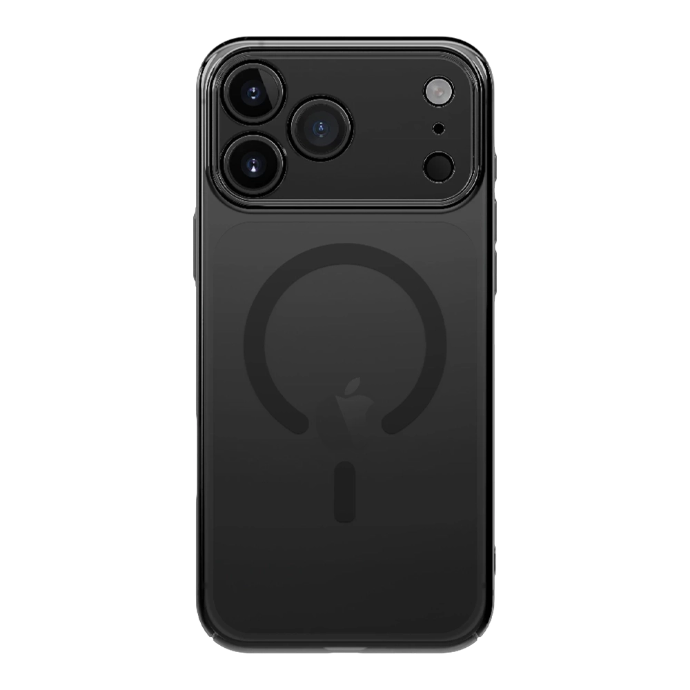 Üç kameralı ve Apple logosu olan siyah telefon kılıfı.