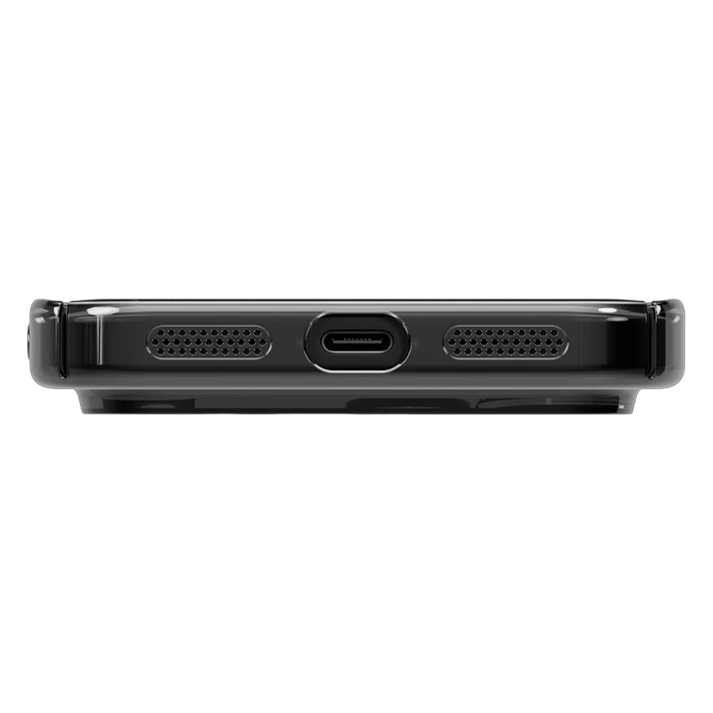 USB-C bağlantı noktalı ve hoparlör ızgaralı siyah telefon kılıfı altı.