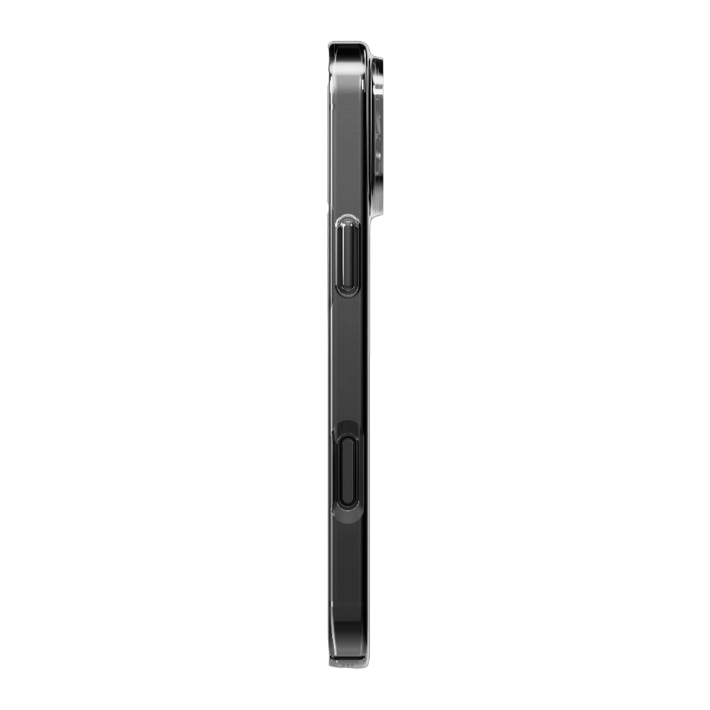 Yan düğmeli, profilden gösterilen koyu gri telefon kılıfı.