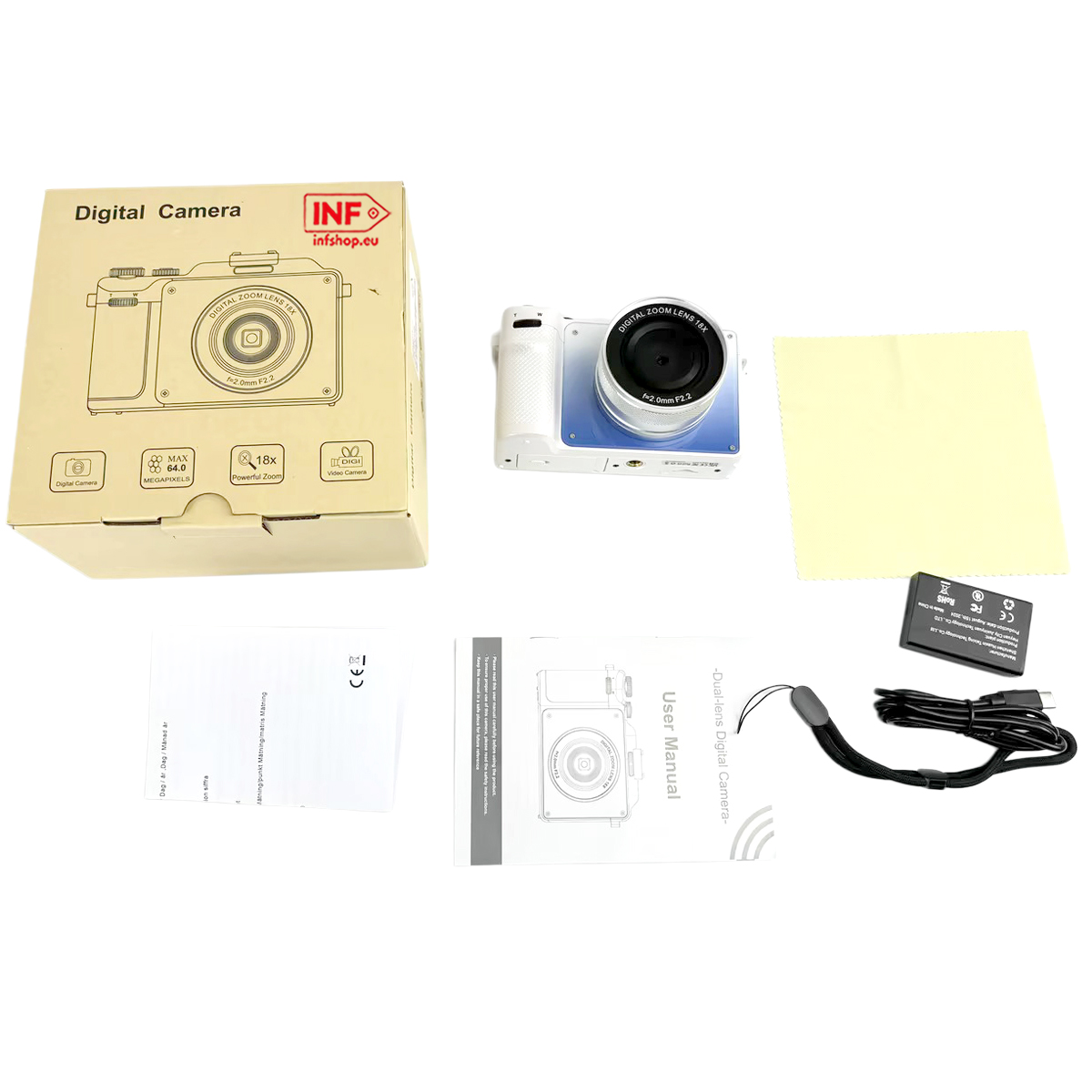Zestaw aparatu cyfrowego z pudełkiem, aparatem, baterią, kablem, ściereczką i instrukcją.