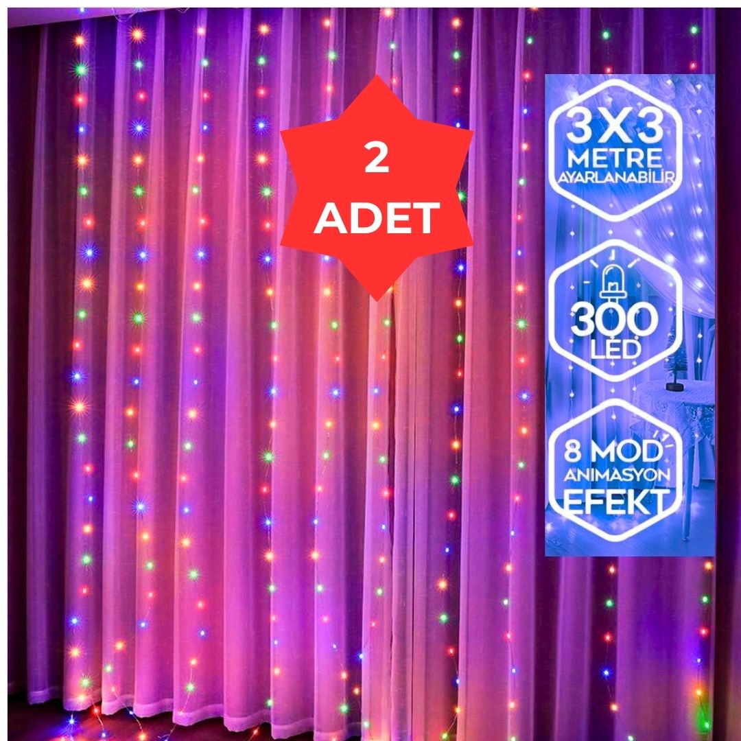 YECO Yeco 2’li Set 300 LED Perde 3x3 Metre – 10 Sarkıtlı, 8 Modlu, Kumandalı, Çok Renkli Dekoratif Işık Led Şerit