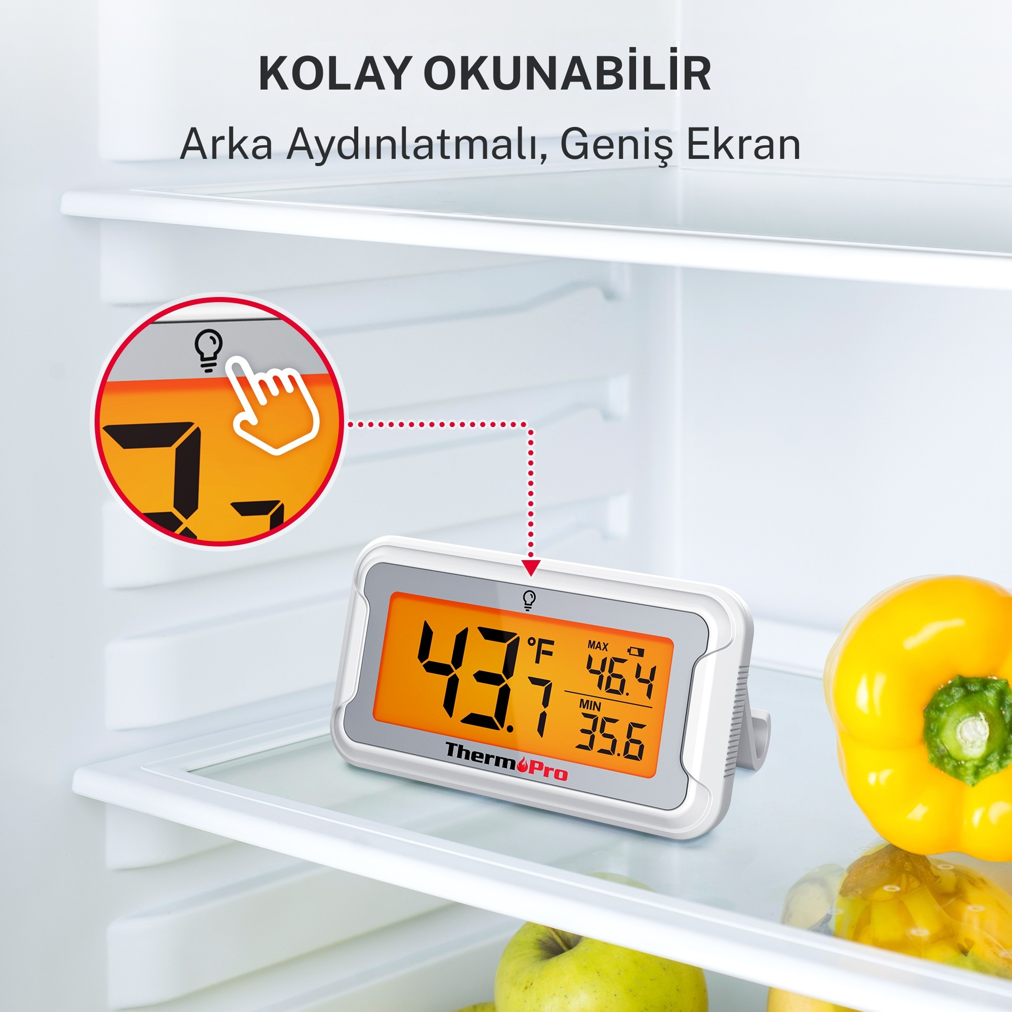 Turuncu ekrana sahip termometre 43,7°F, Maks 46,4°F, Min 35,6°F gösteriyor.