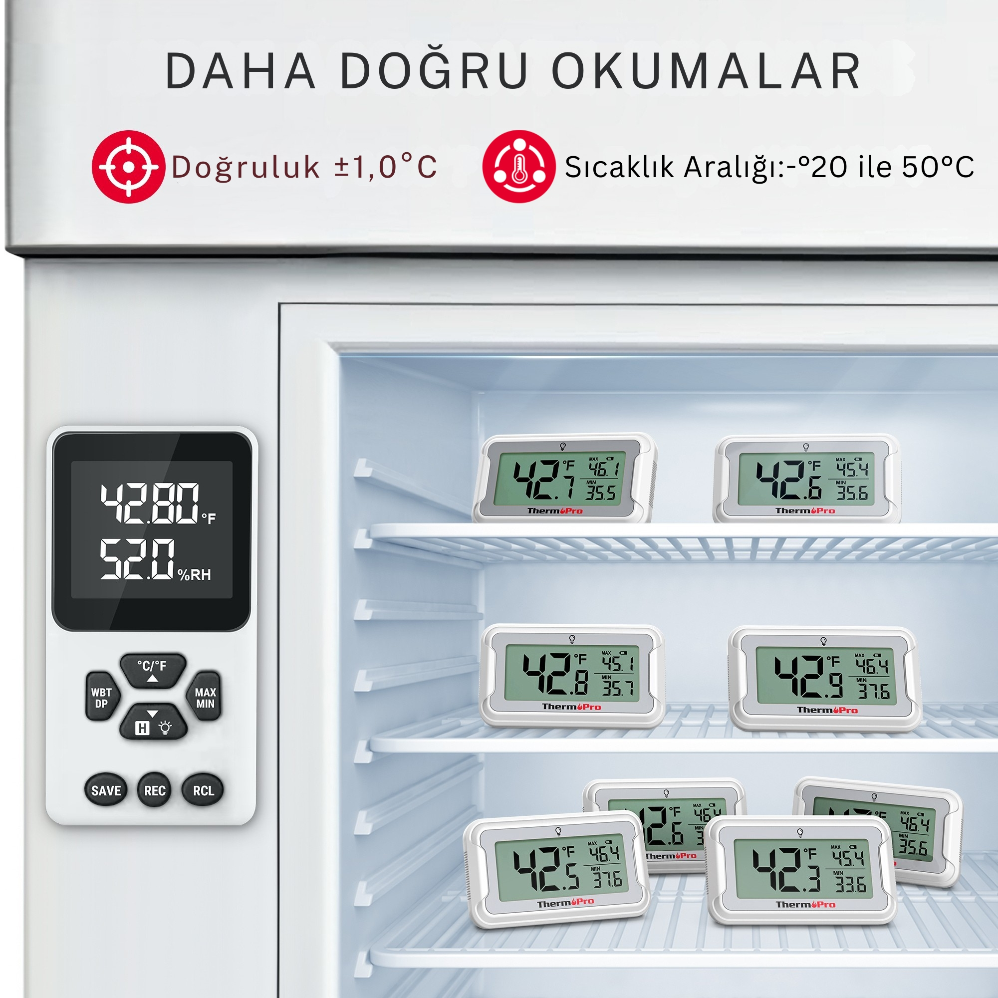 Bir termometre 42.80°F ve %52.0 RH gösteriyor. Birden fazla dijital termometre buzdolabının içinde.