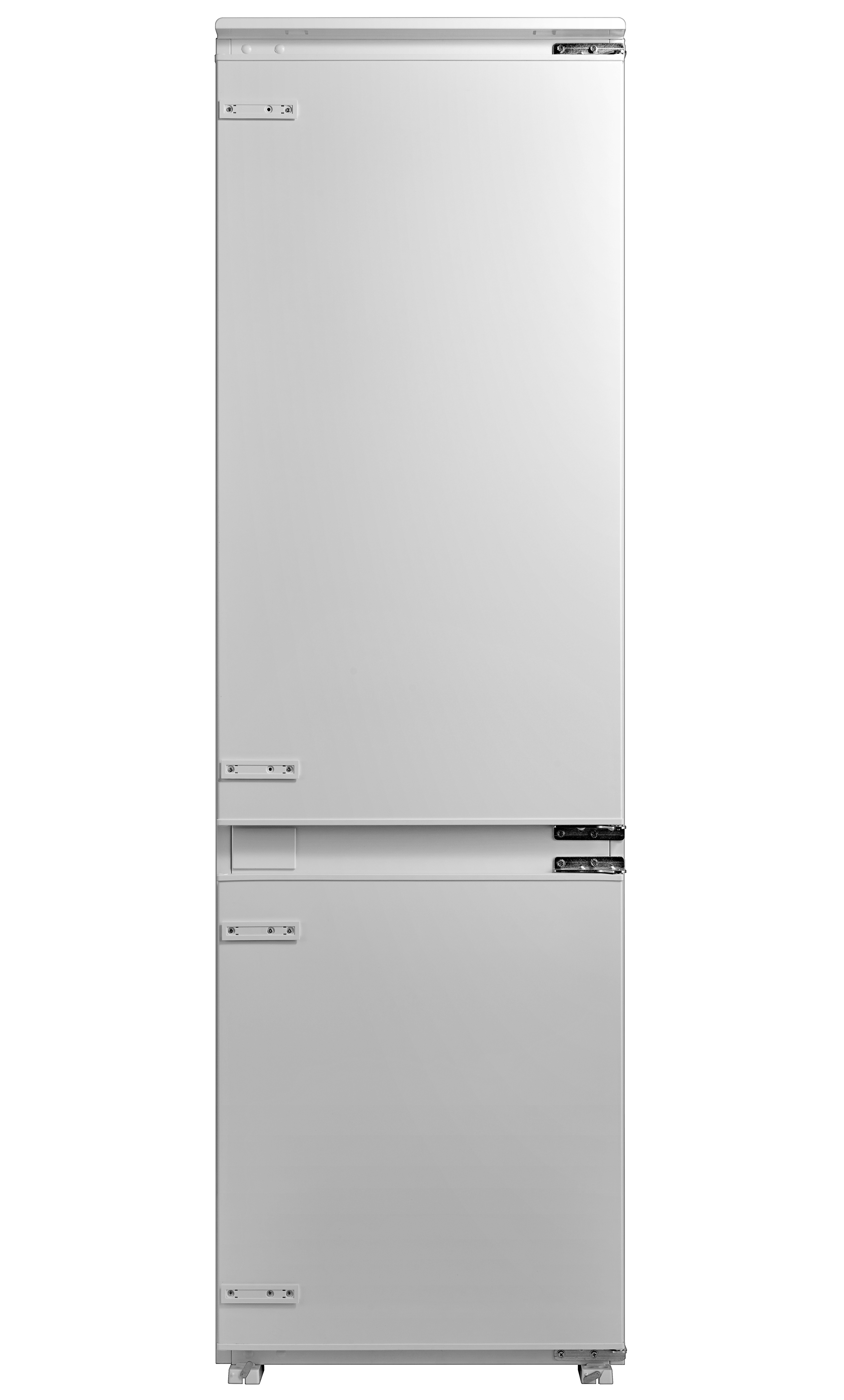 Ein weißer Kühlschrank mit zwei Türen, oben und unten mit Griffen.