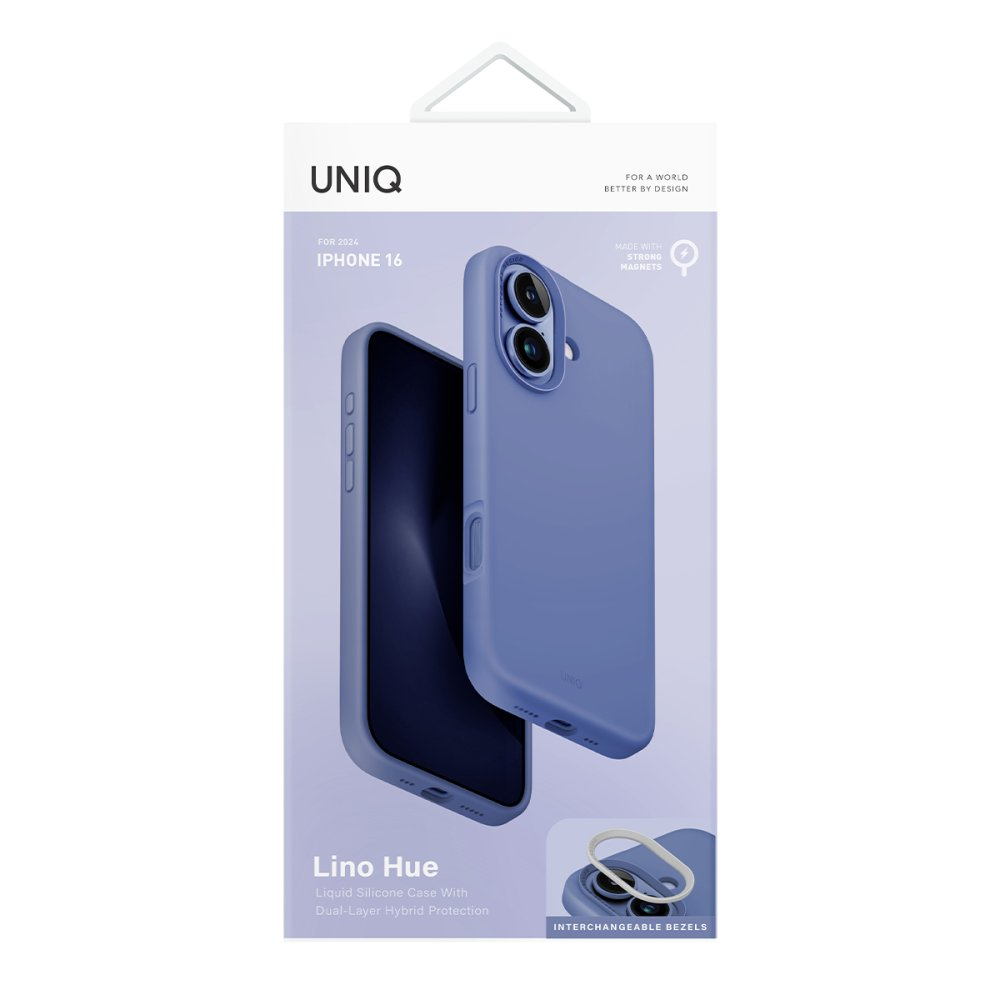 Değiştirilebilir çerçeveli mor UNIQ iPhone 16 kılıfı.