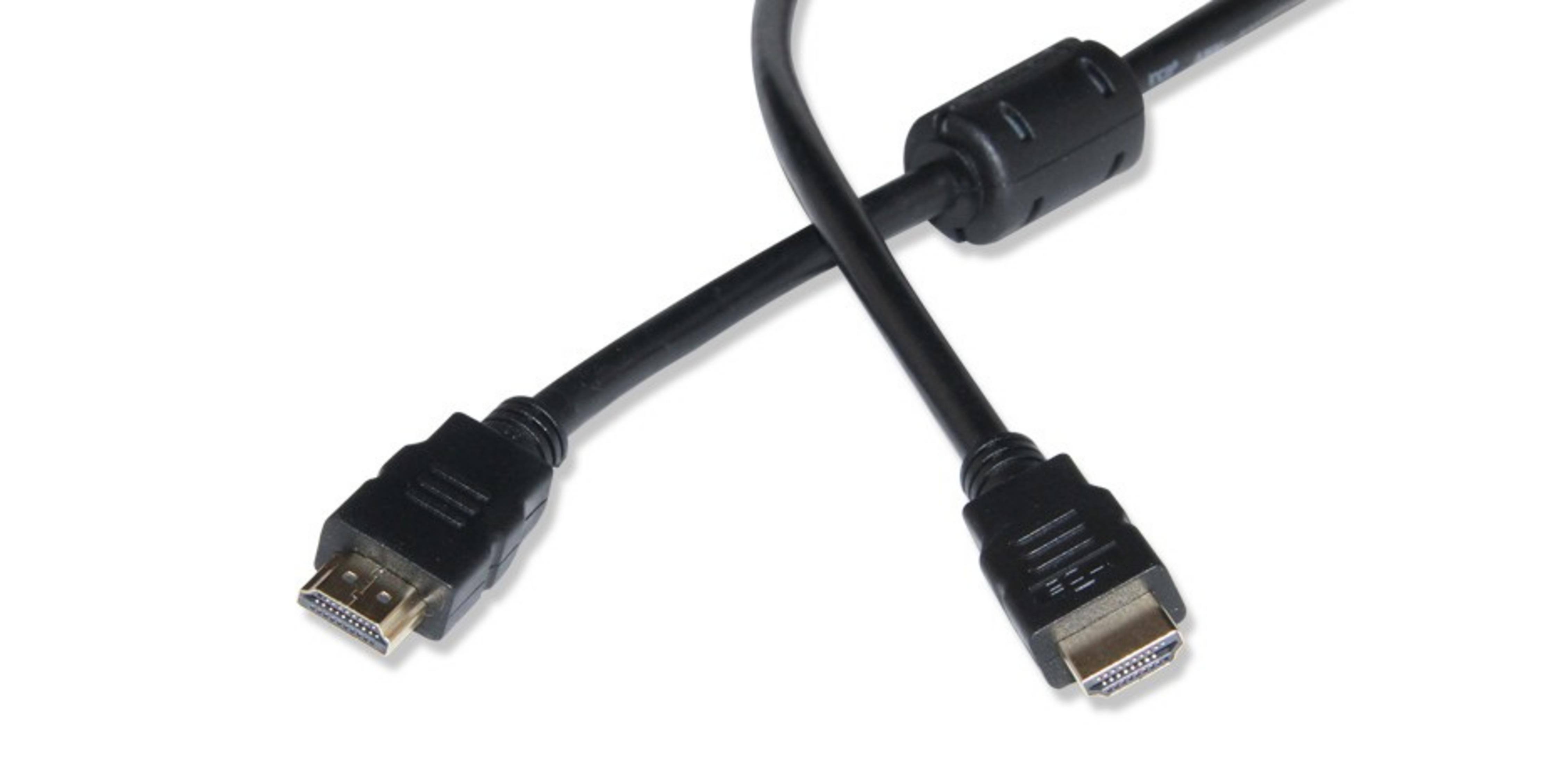 Ferrit çekirdekli iki siyah HDMI kablosu üst üste çaprazlanmış.