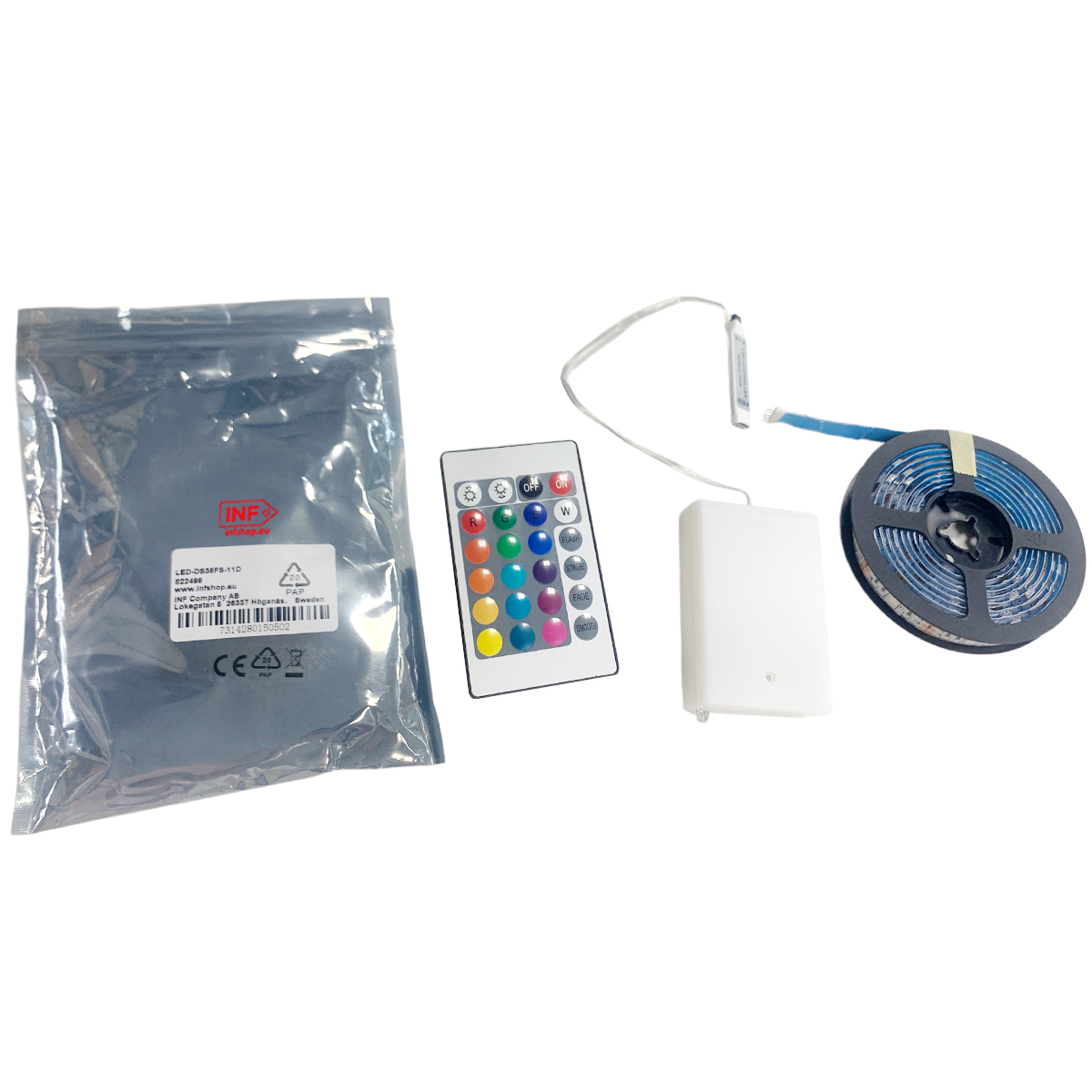 LED-Streifen-Set mit Fernbedienung, Netzteil und Spule.