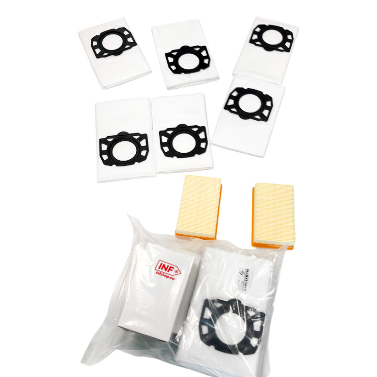 Sześć białych worków do odkurzacza z czarnym złączem, dwa żółte filtry.