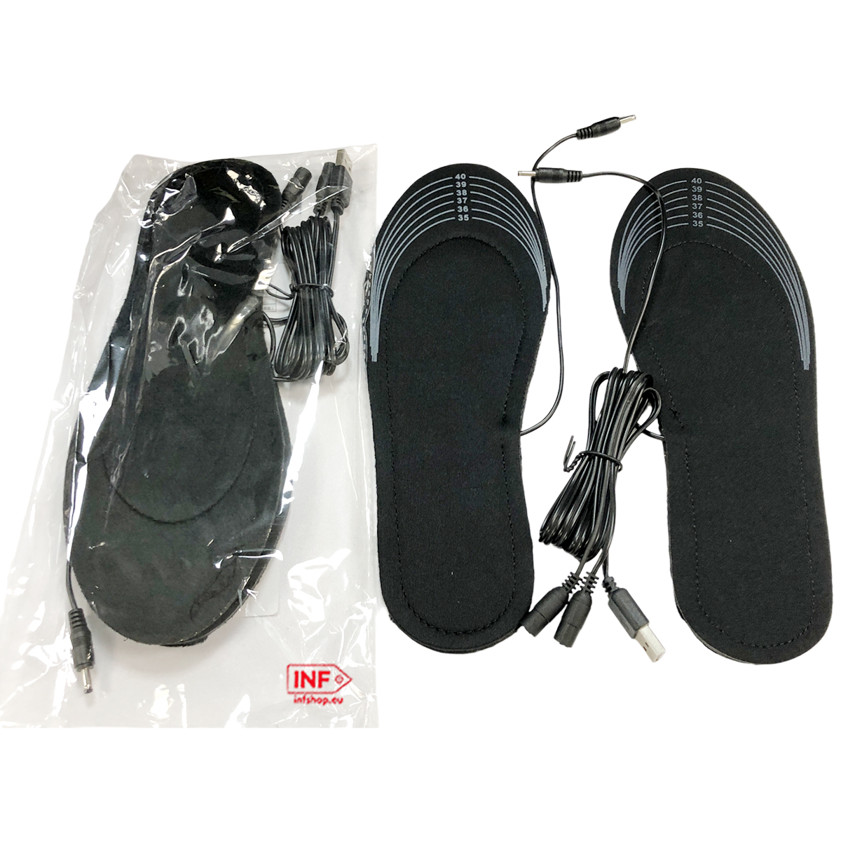 Black heated insoles with wires and connectors, some packaged.