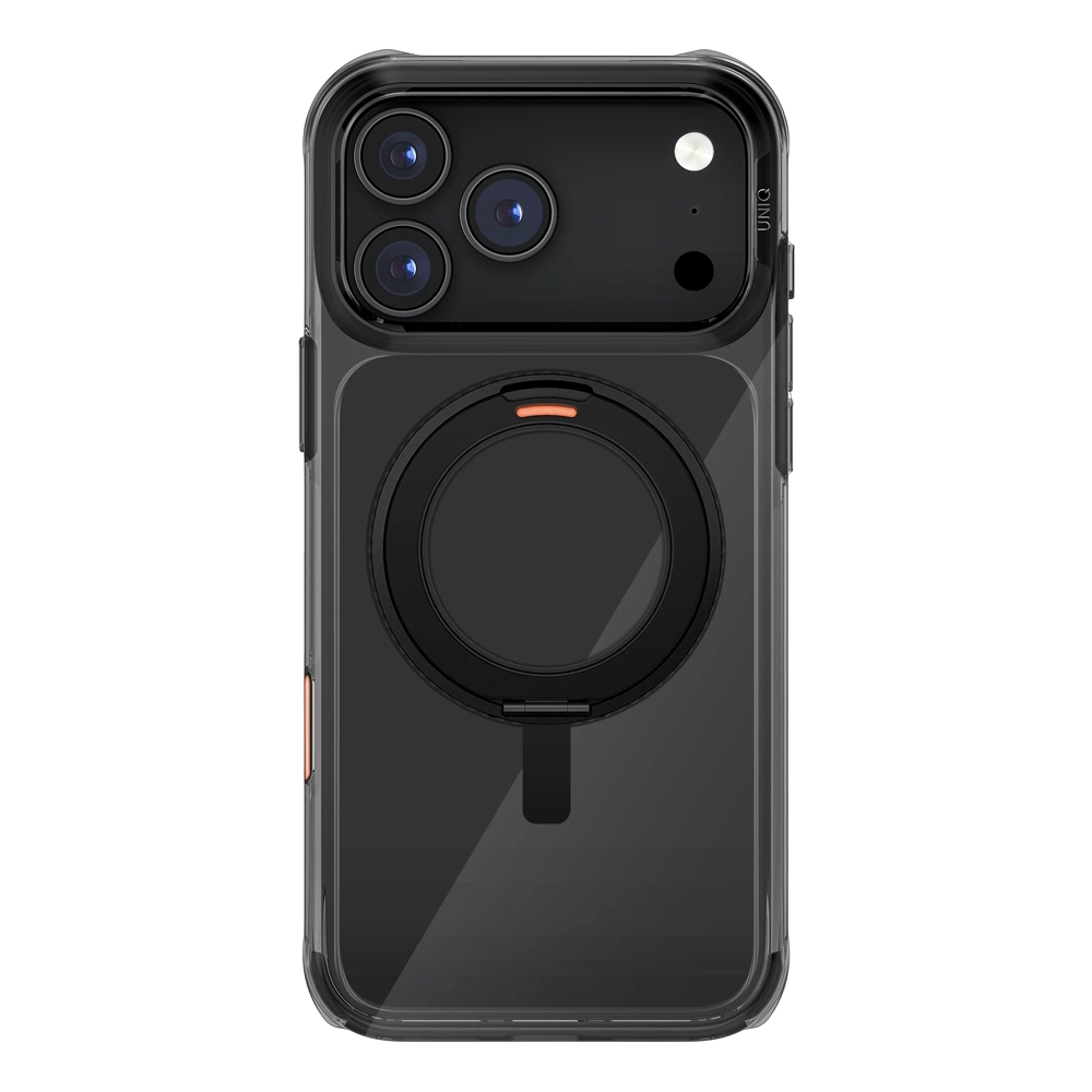 Üç kameralı ve manyetik halkalı siyah telefon kılıfı.