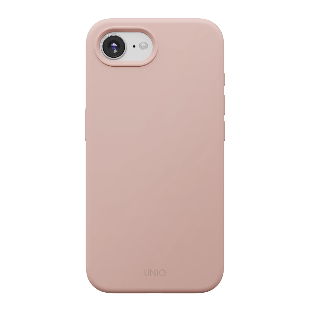 Kamera kesimli, soluk pembe telefon kılıfı ve UNIQ logosu.
