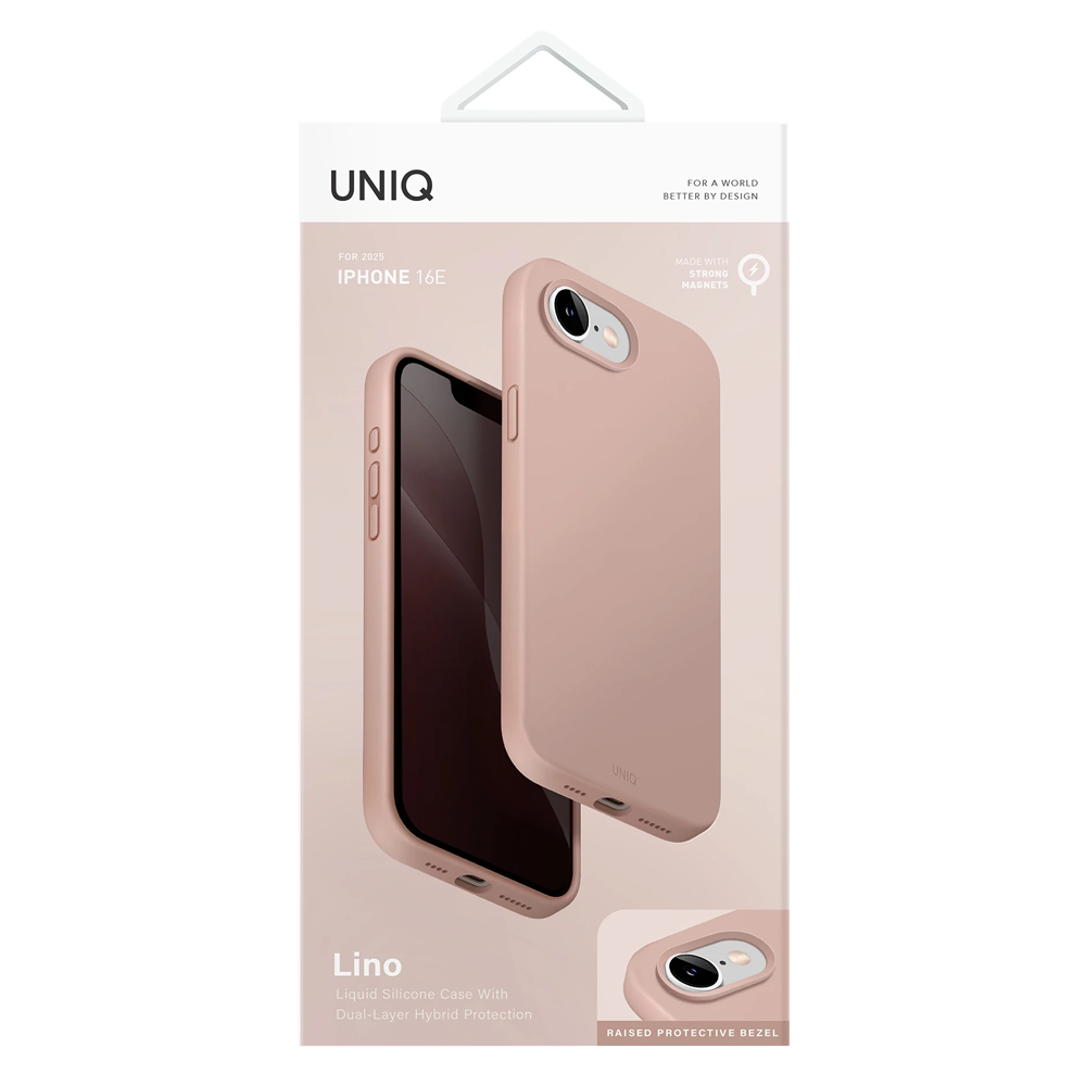 Güçlü mıknatıslı UNIQ pembe sıvı silikon iPhone 16E kılıfı.