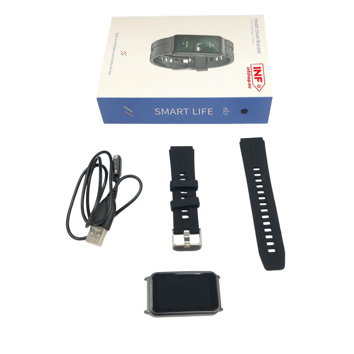 Ein Smart-Armband, Ladekabel, zwei Armbänder und eine Box.