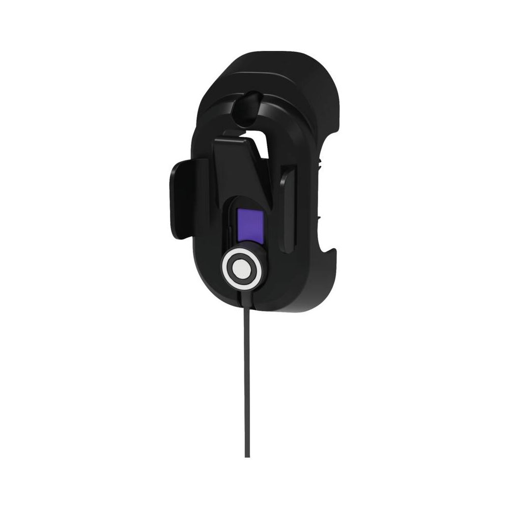 Un supporto per telefono nero con pulsante viola e cerchio bianco.