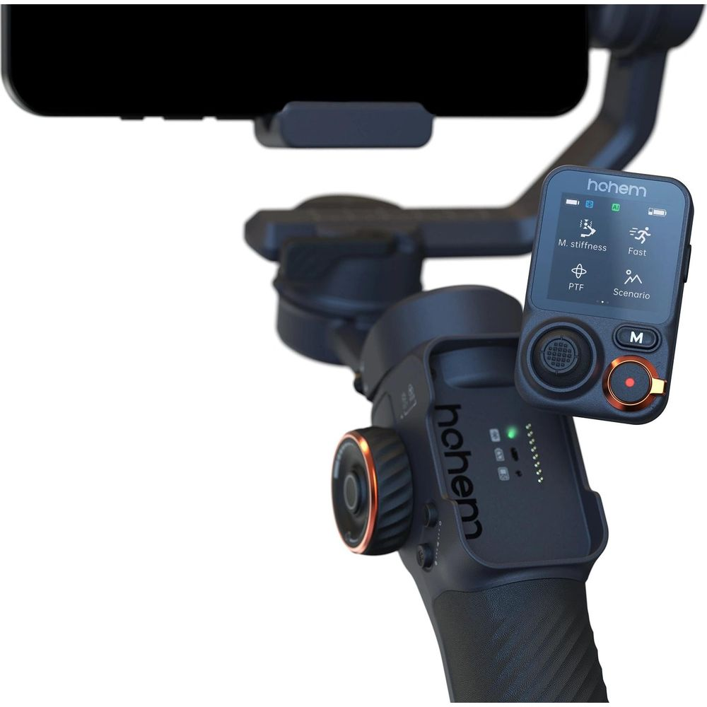 Czarny gimbal do smartfona z małym ekranem i przyciskami. Posiada uchwyt na telefon.