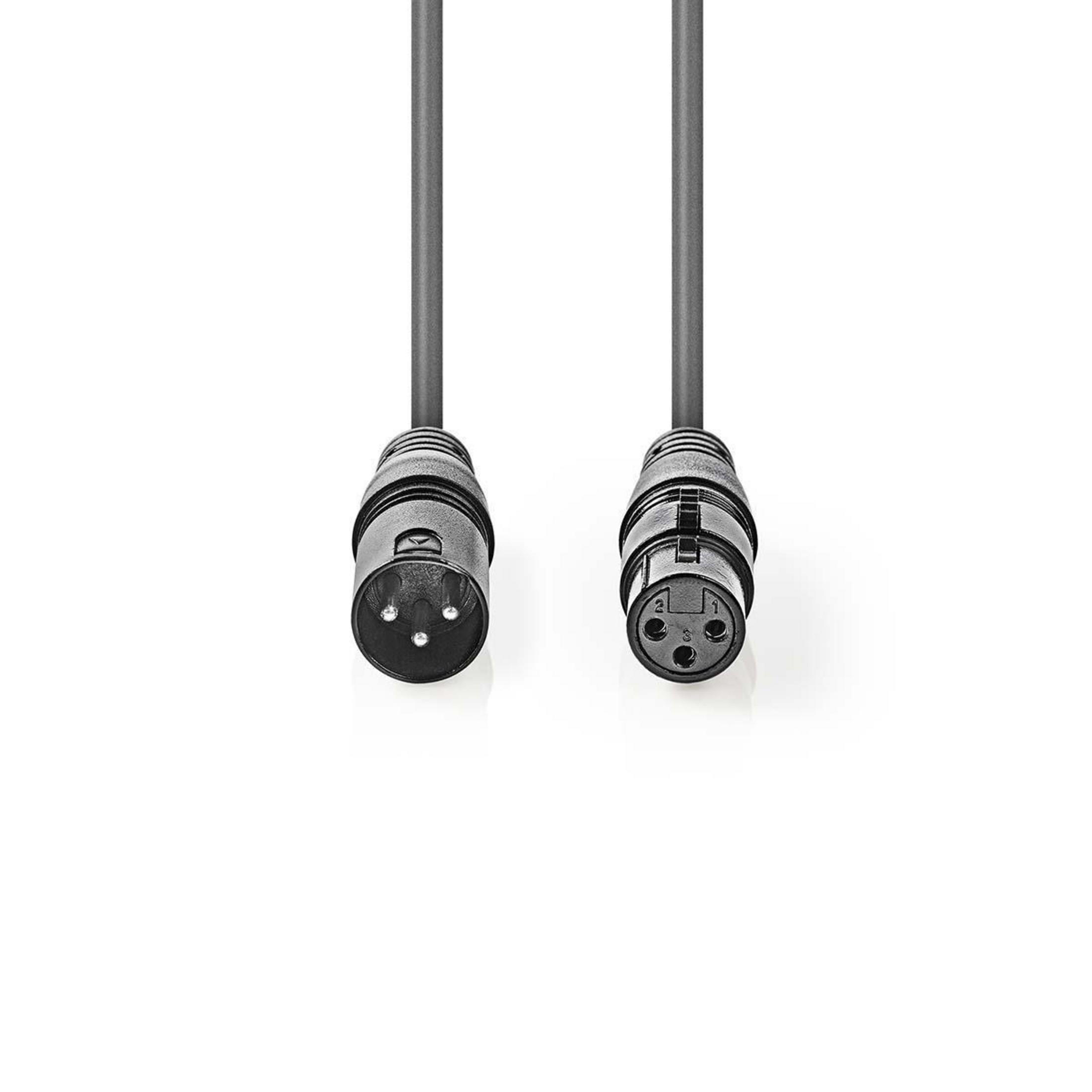 Twee zwarte XLR-connectoren met kabels op witte achtergrond.