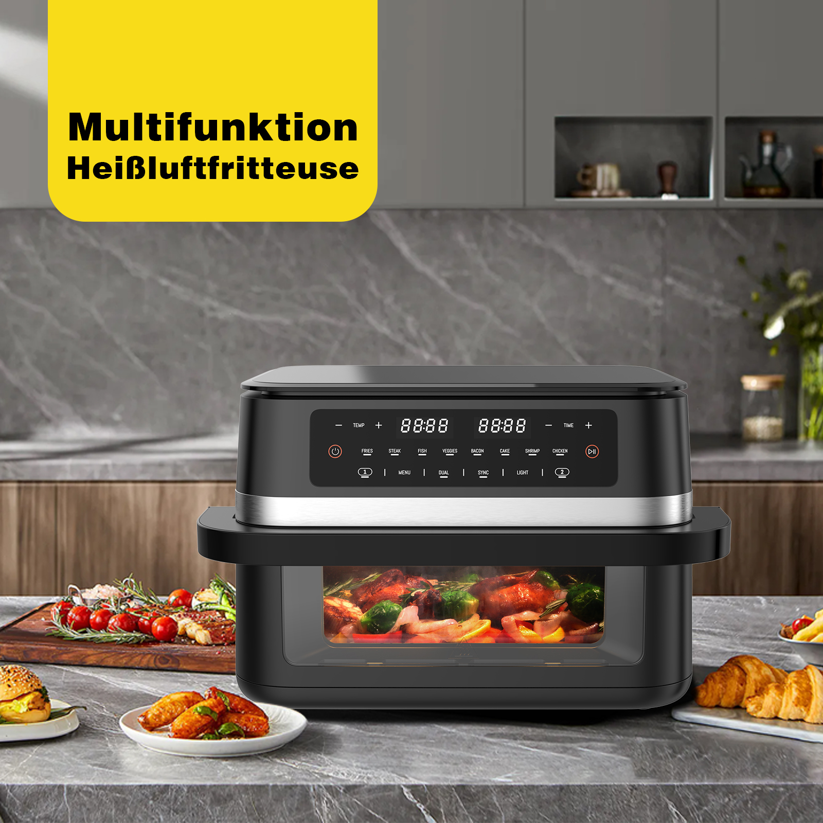 Eine Multifunktions-Heißluftfritteuse mit Kochfunktionen und Lebensmitteln.